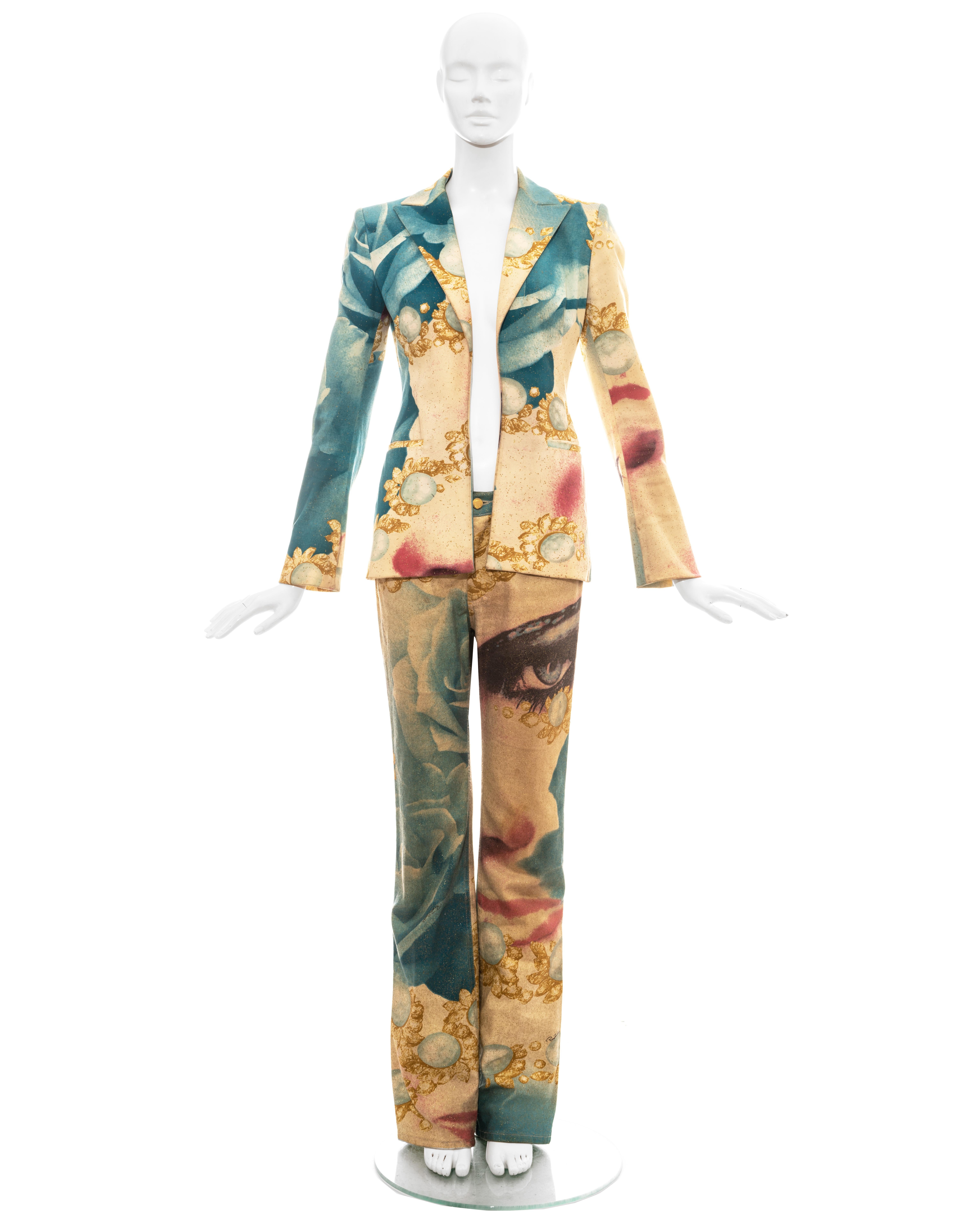 Roberto Cavalli multicoloured face printed metallic cotton pant suit comprising: blazer jacket and matching low-rise pants. 

Spring-Summer 2001 