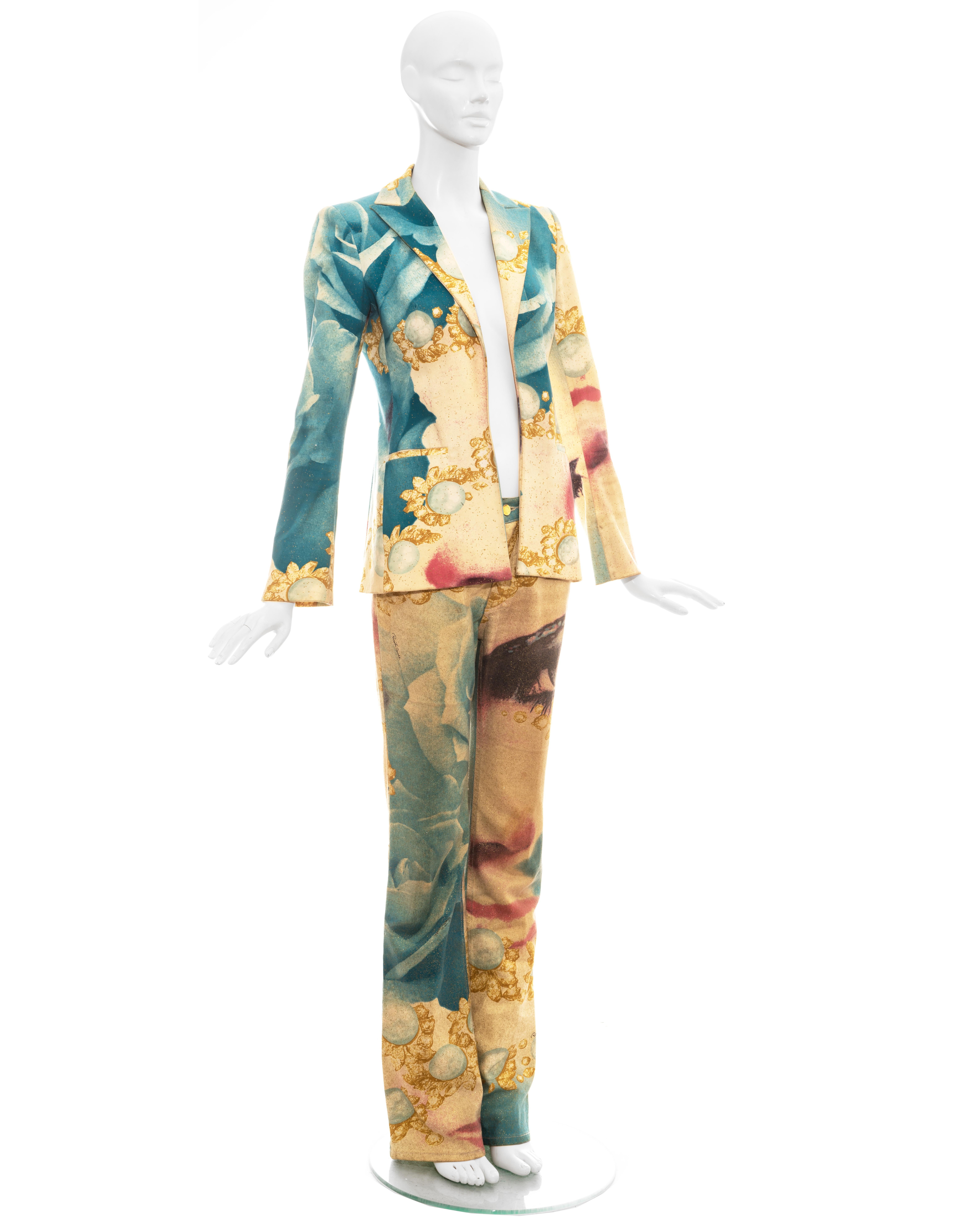 Roberto Cavalli Hosenanzug aus Baumwolle mit mehrfarbigem Gesichtsdruck und Metallic-Muster, ss 2001  Damen im Angebot