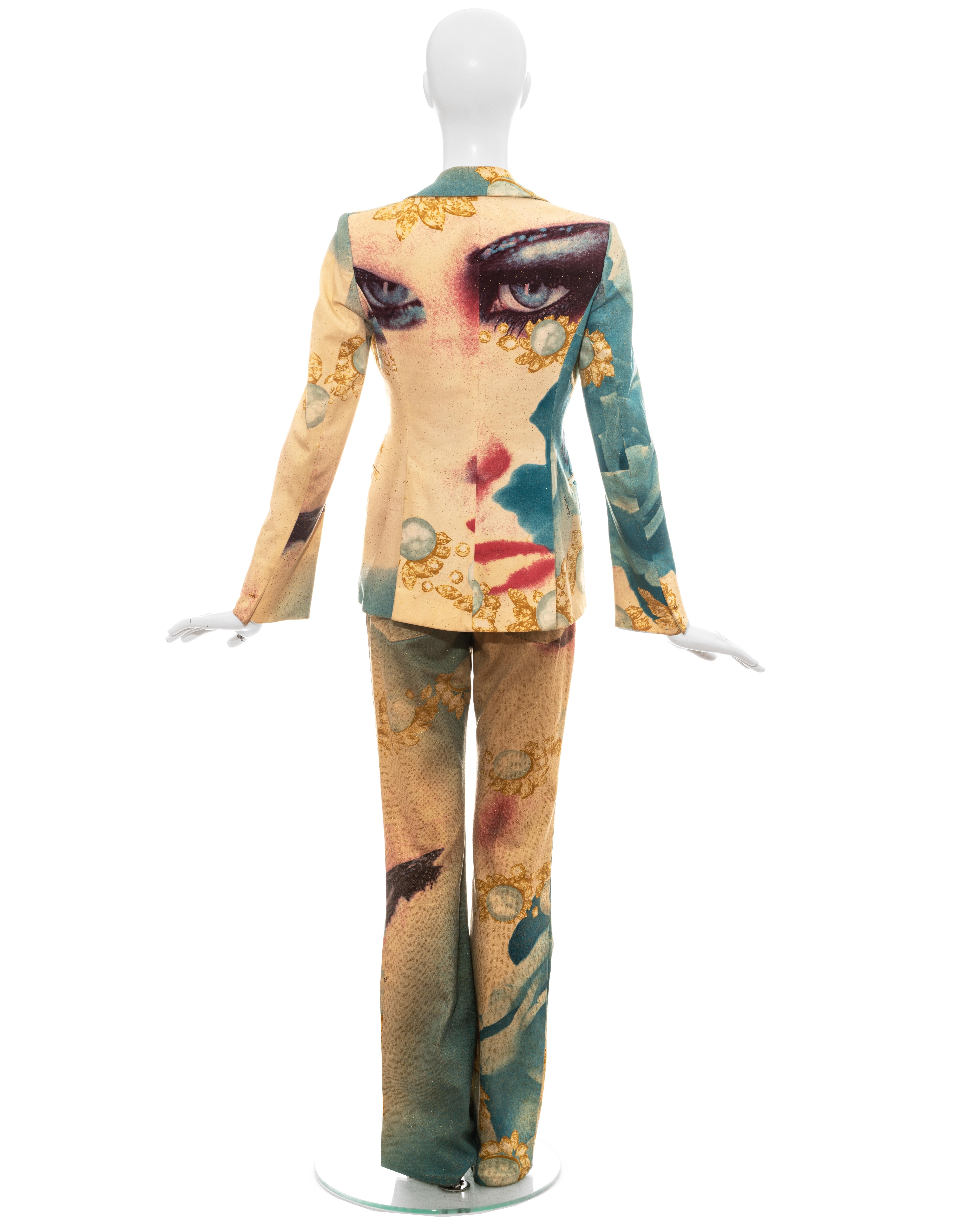 Beige Roberto Cavalli multicoloured face printed metallic cotton pant suit, ss 2001  For Sale
