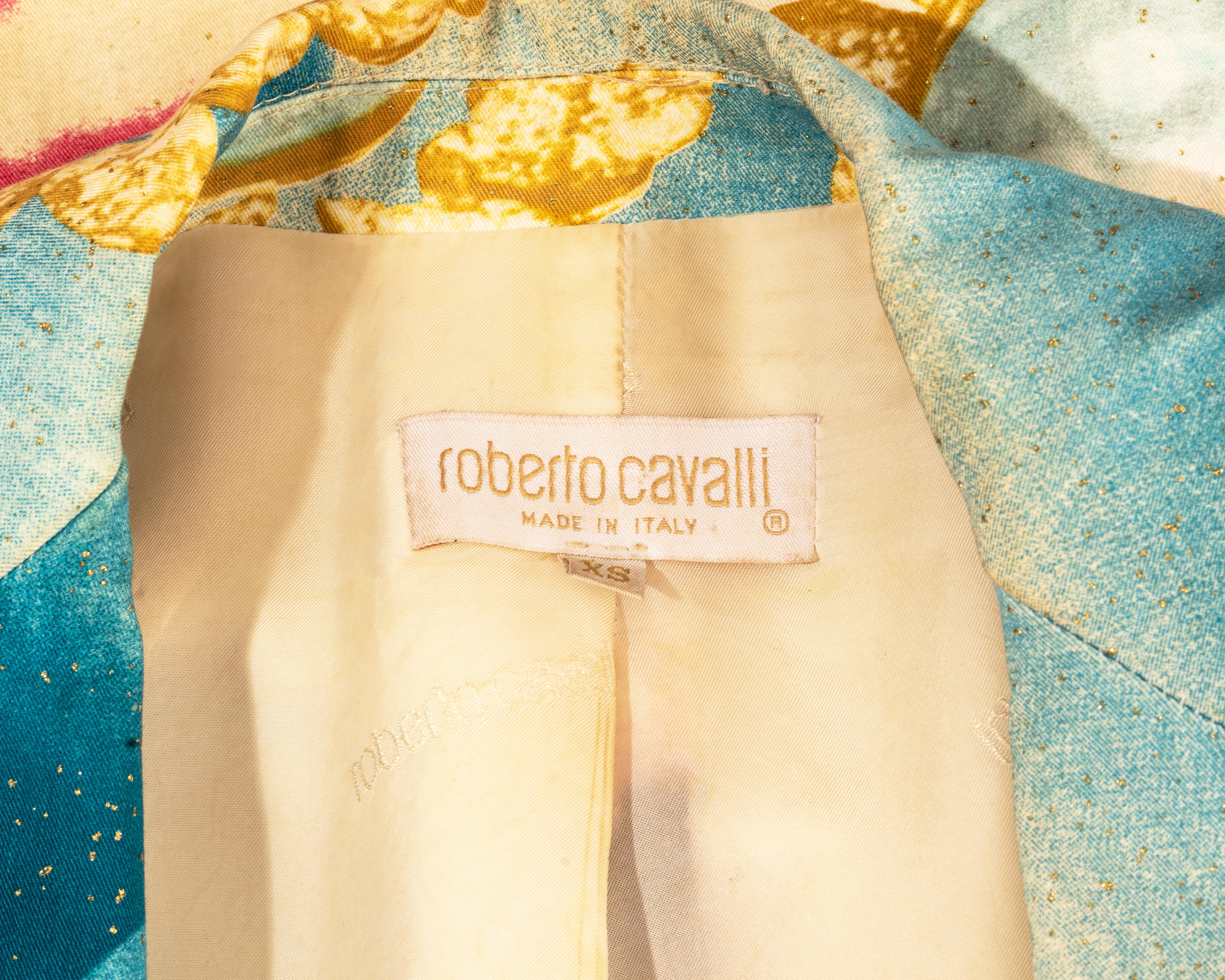 Women's Roberto Cavalli multicoloured face printed metallic cotton pant suit, ss 2001  For Sale