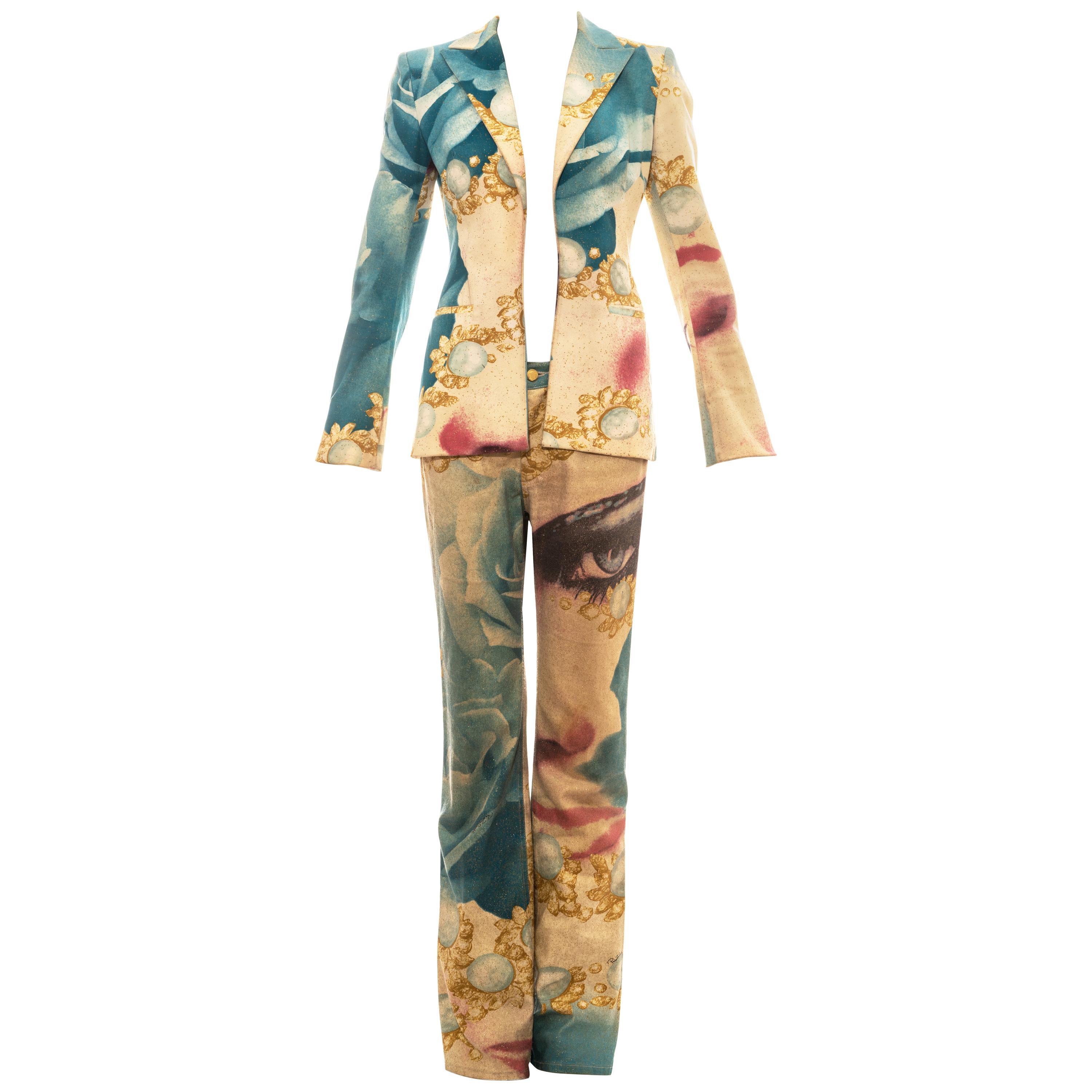 Roberto Cavalli multicoloured face printed metallic cotton pant suit, ss 2001 