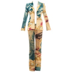 Retro Roberto Cavalli multicoloured face printed metallic cotton pant suit, ss 2001 