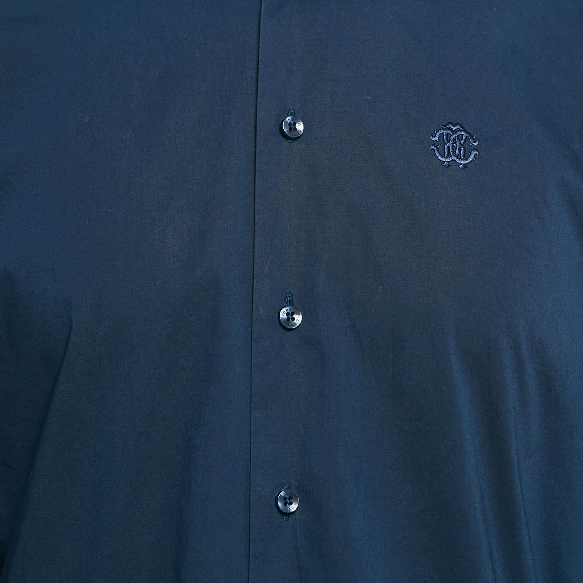Roberto Cavalli Navy Blue Cotton Button Front Shirt XL For Sale 1