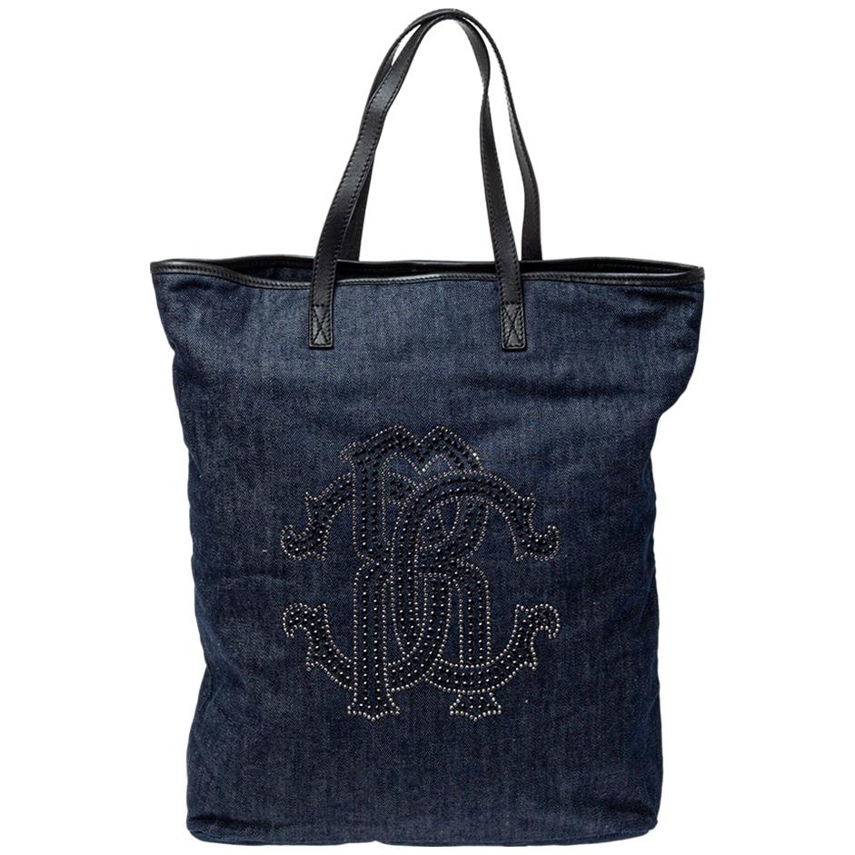 Roberto Cavalli Navy Blue Denim Studded Logo Tote