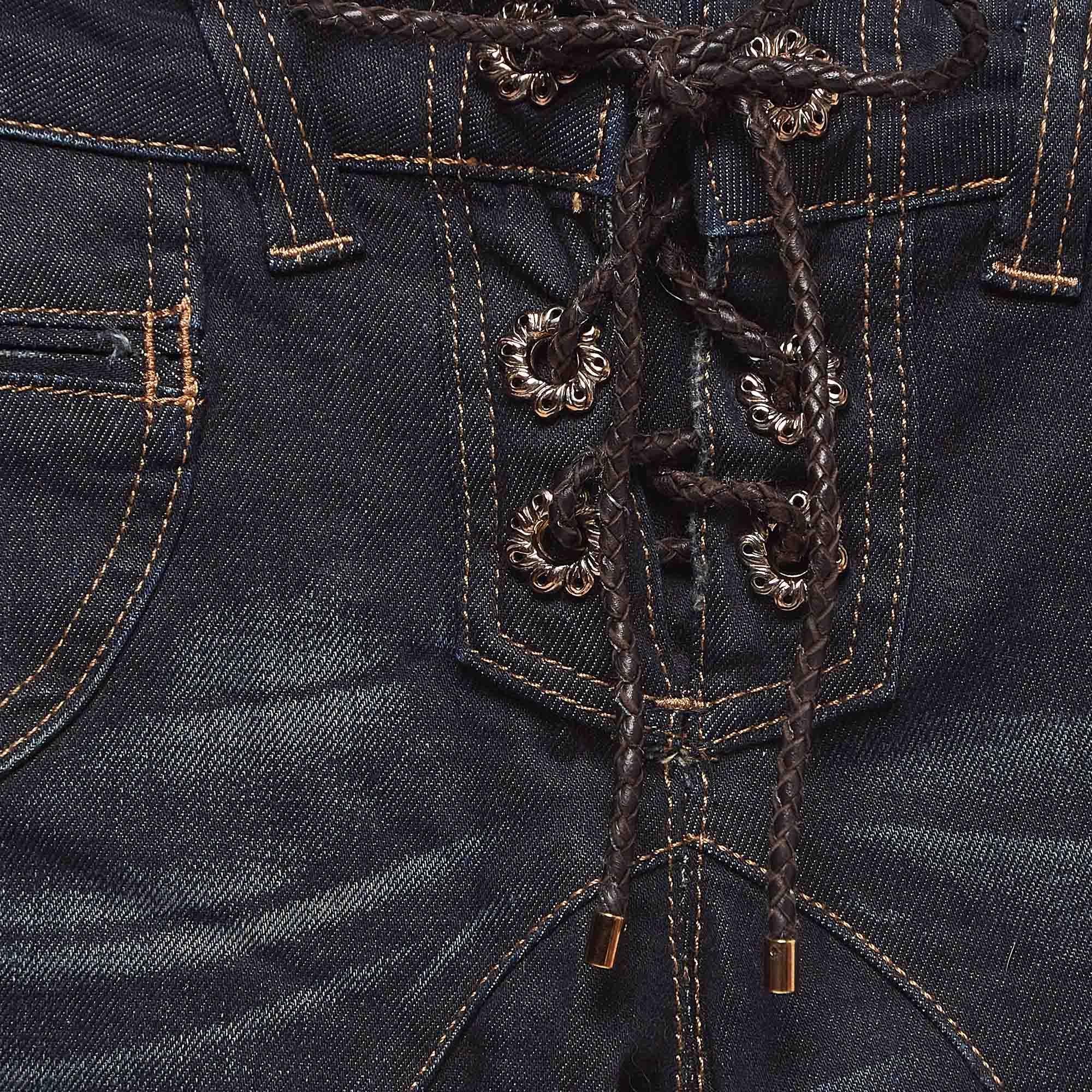 Black Roberto Cavalli Navy Blue Faded Denim Lace-Ip Detail Jeans S Waist 27'' For Sale