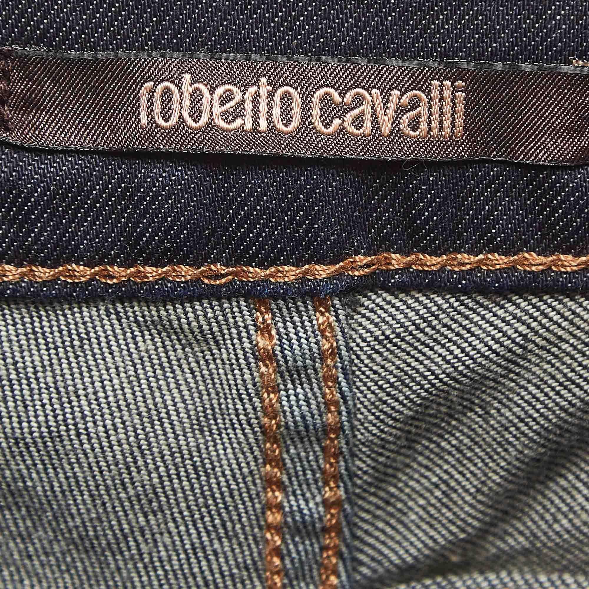 Roberto Cavalli Navy Blue Faded Denim Lace-Ip Detail Jeans S Waist 27'' In Good Condition For Sale In Dubai, Al Qouz 2