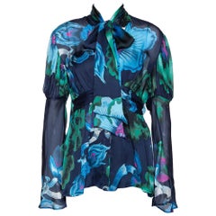 Roberto Cavalli - Chemisier à manches froncées en soie à imprimé floral bleu marine, taille M