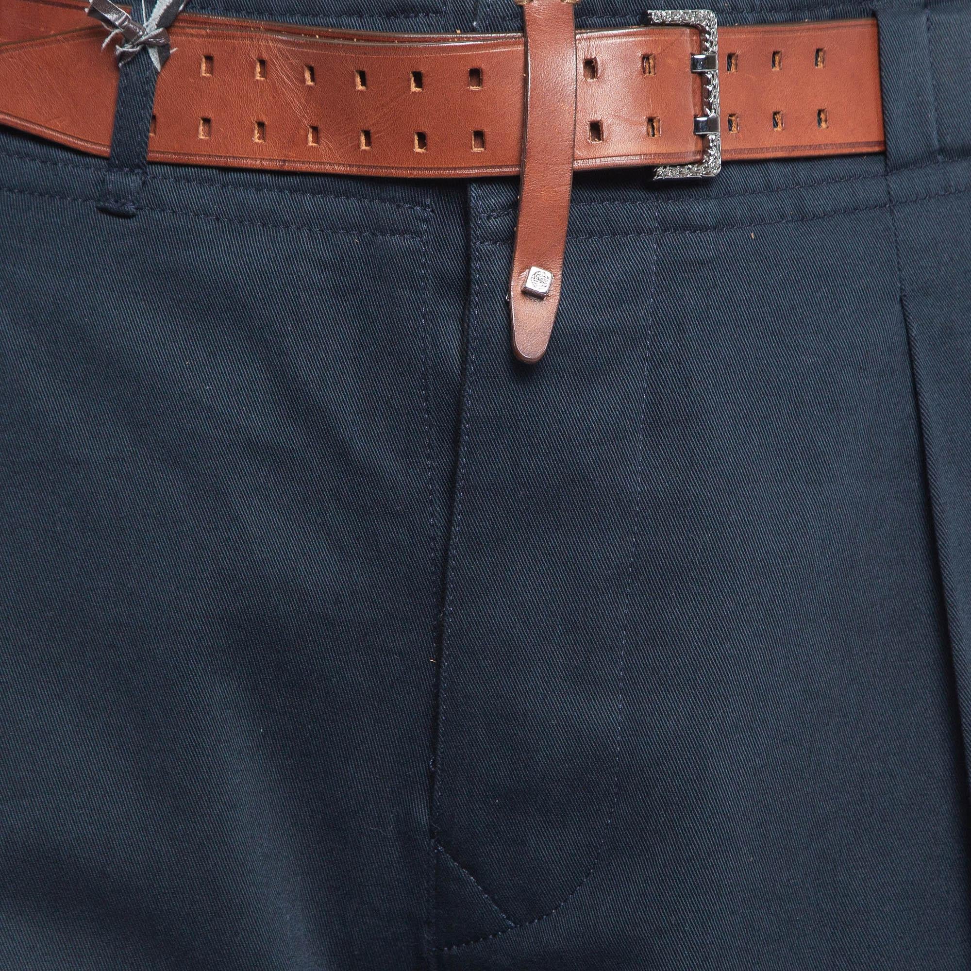 Black Roberto Cavalli Navy Blue Gabardine Belted Chino Shorts M For Sale