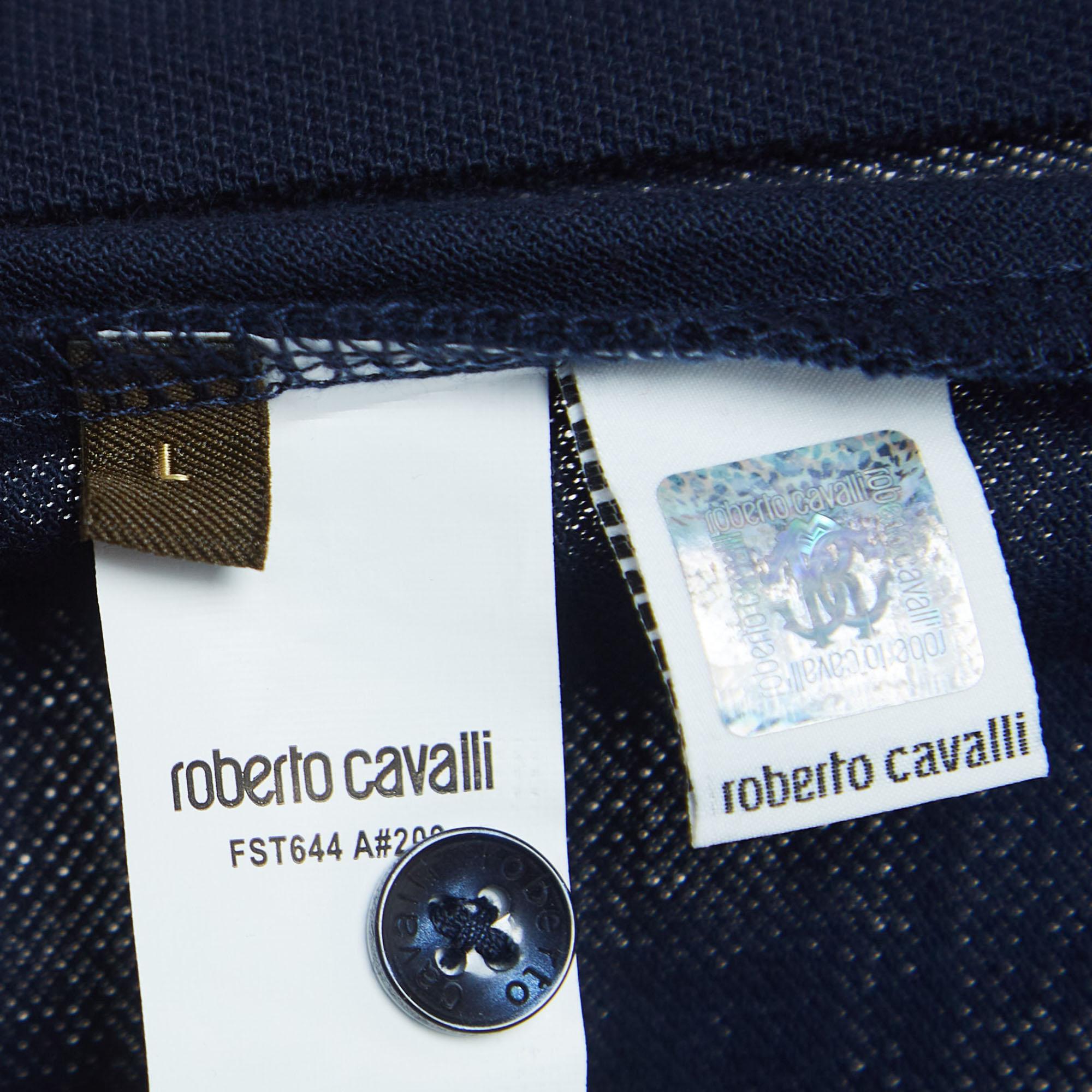 Black Roberto Cavalli Navy Blue Logo Detailed Sleeve Polo T-Shirt L