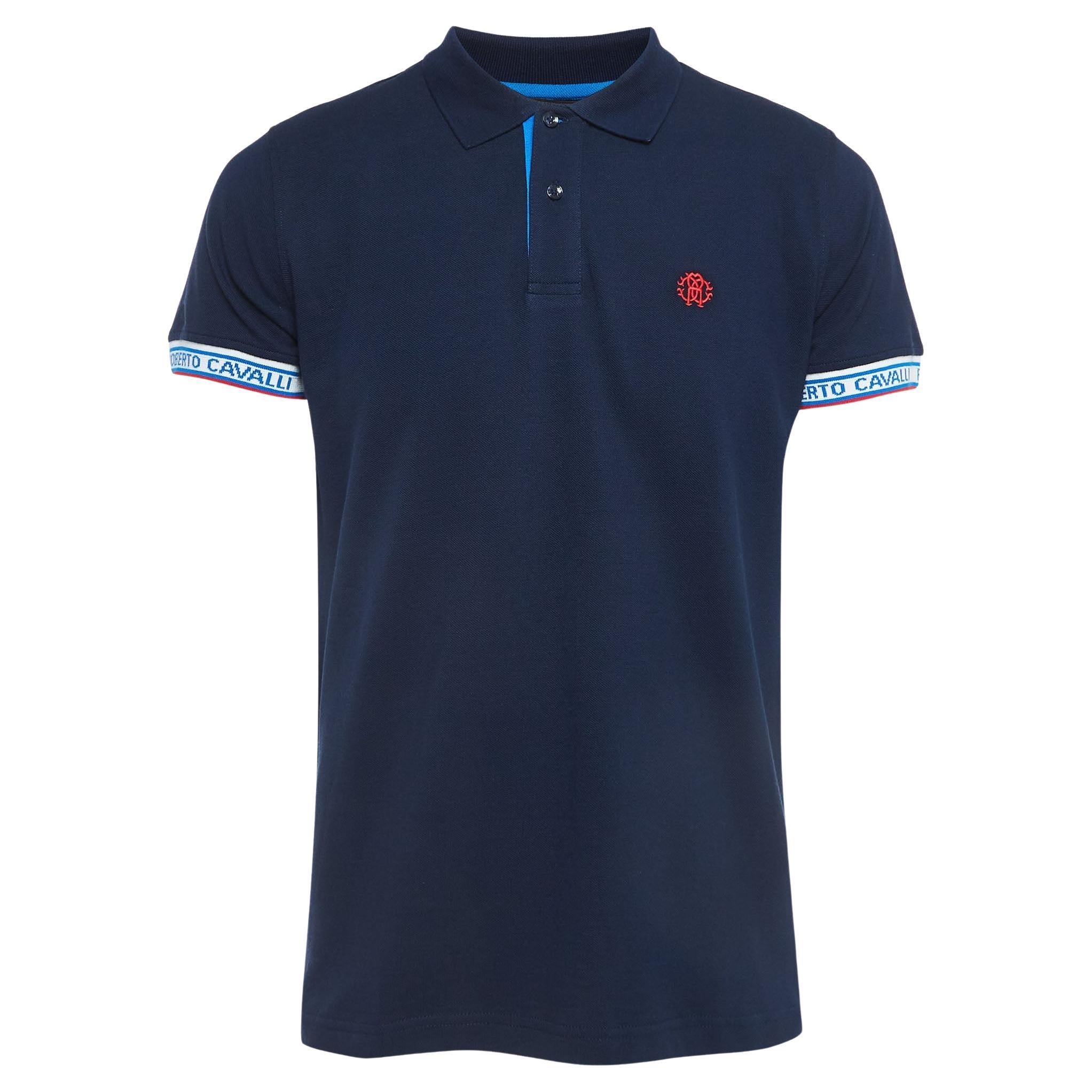 Roberto Cavalli Navy Blue Logo Detailed Sleeve Polo T-Shirt L