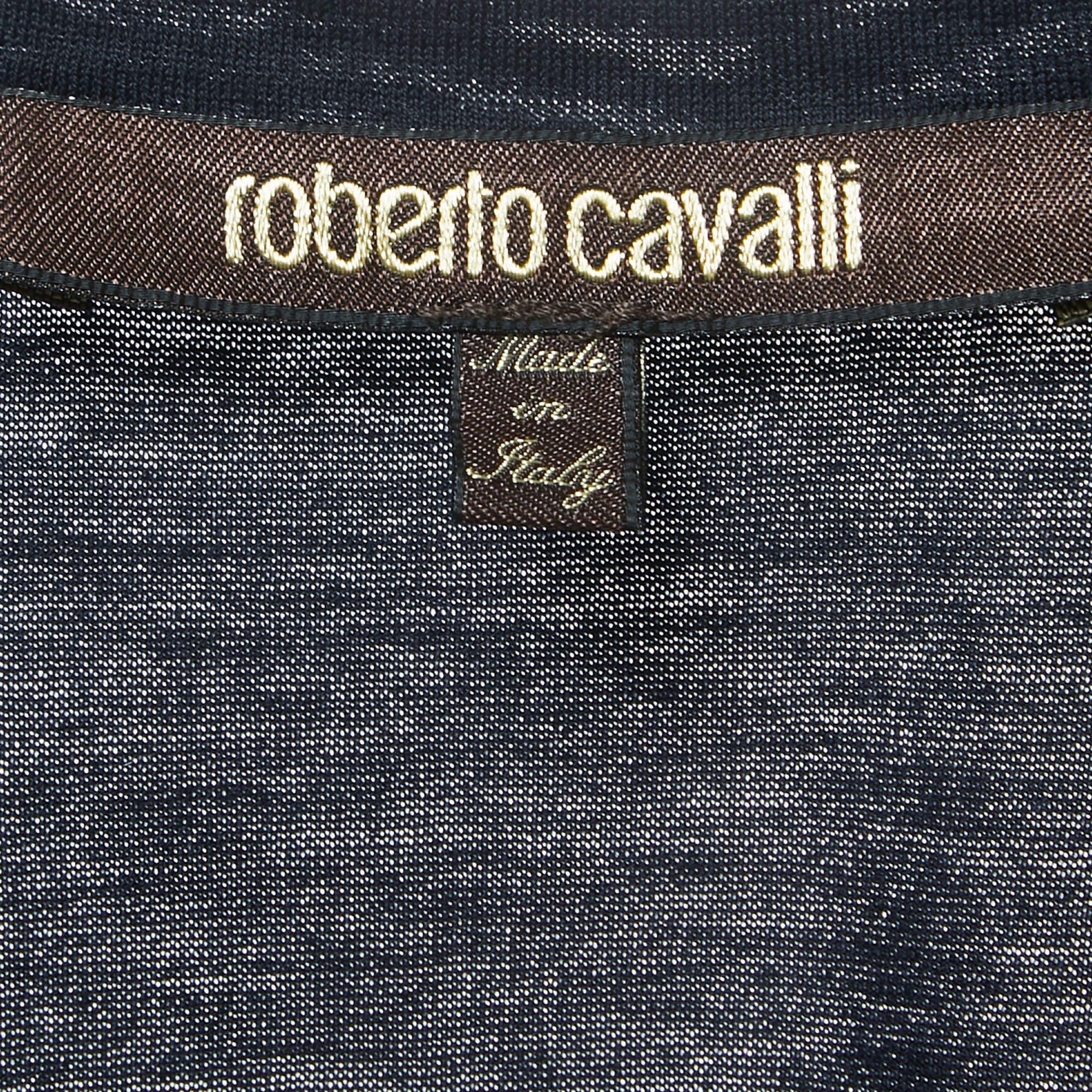 Roberto Cavalli Navy Blue Logo Print Cotton V-Neck Half Sleeve T-Shirt M In Good Condition For Sale In Dubai, Al Qouz 2