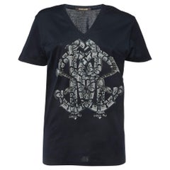 Roberto Cavalli Navy Blue Logo Print Cotton V-Neck Half Sleeve T-Shirt M
