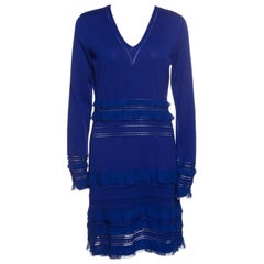 Roberto Cavalli Navy Blue Perforated Knit Ruffle Detail Long Sleeve Dress L