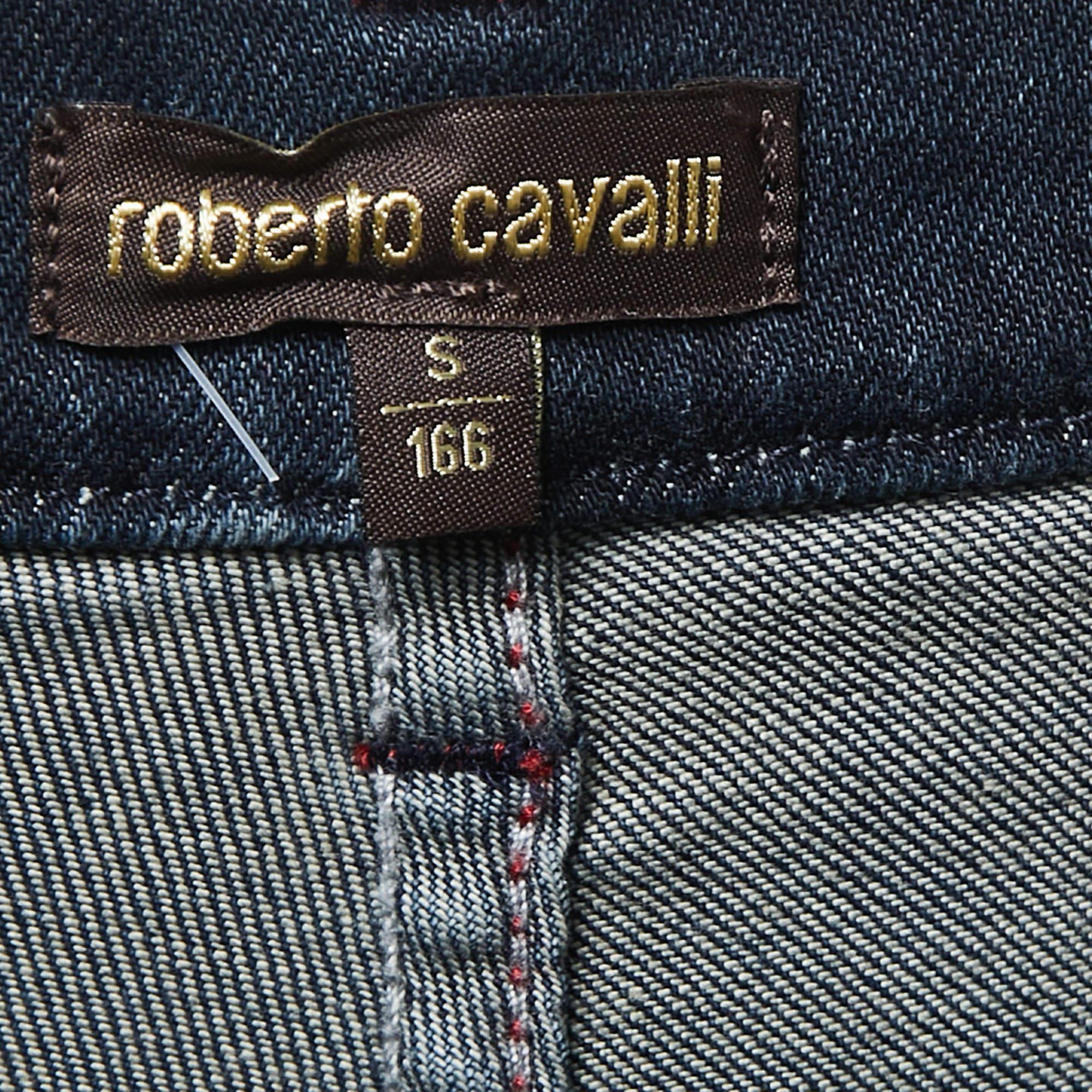 Roberto Cavalli Navy Blue Printed Denim Jeans S In Good Condition For Sale In Dubai, Al Qouz 2
