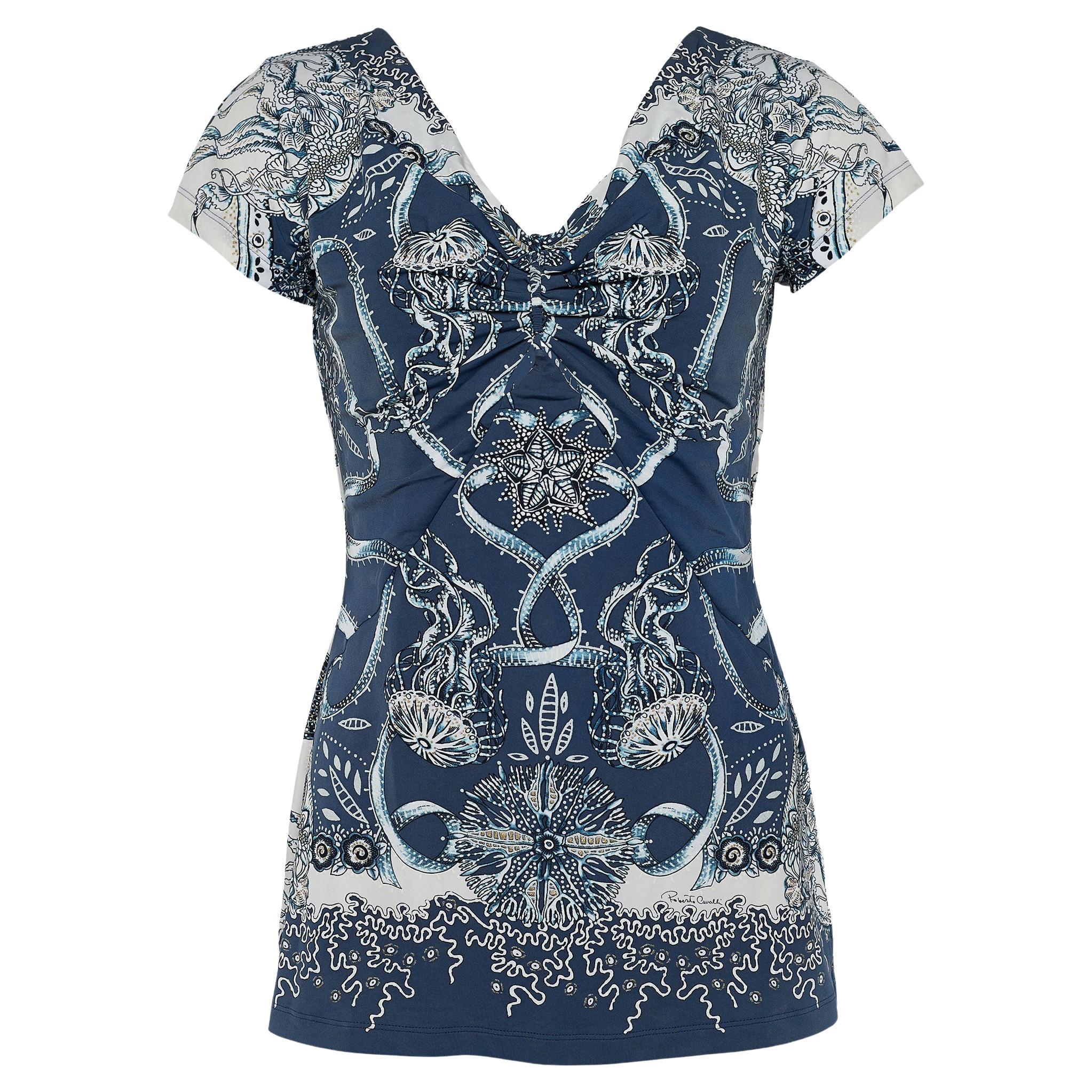 Roberto Cavalli Navy Blue Printed Synthetic Top L For Sale