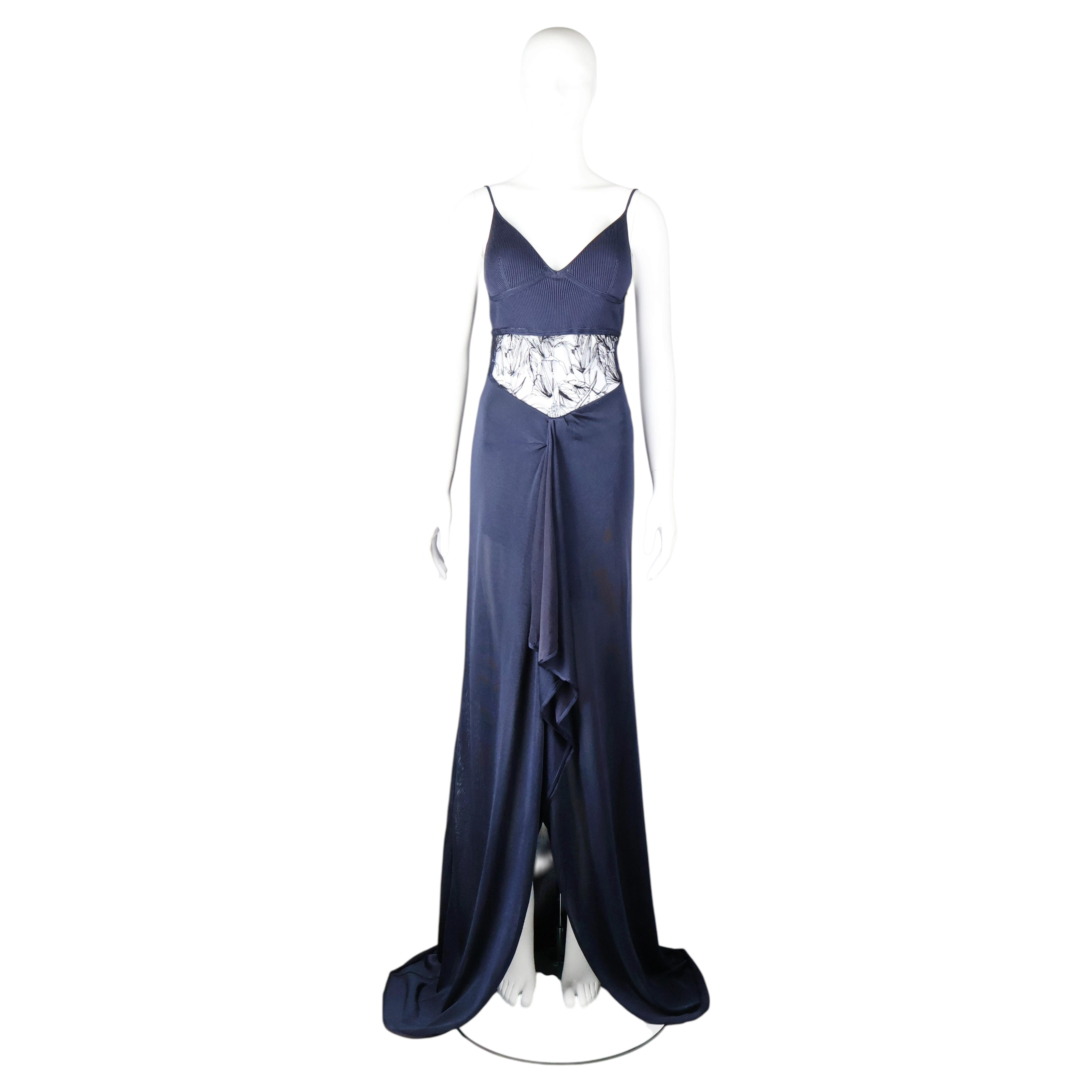 Roberto Cavalli Navy Floor Length Gown With Train - Early 2000s