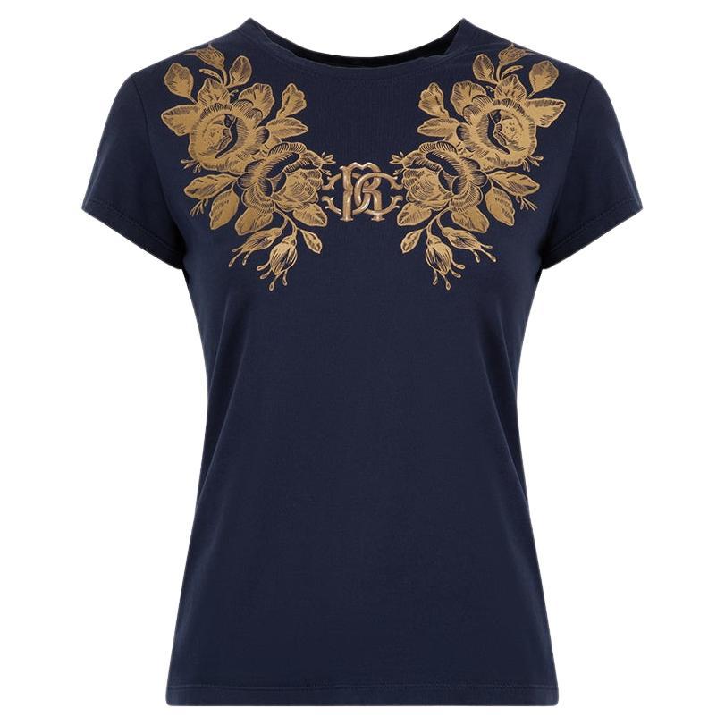 Roberto Cavalli Navy Rose Print T-Shirt Size S For Sale