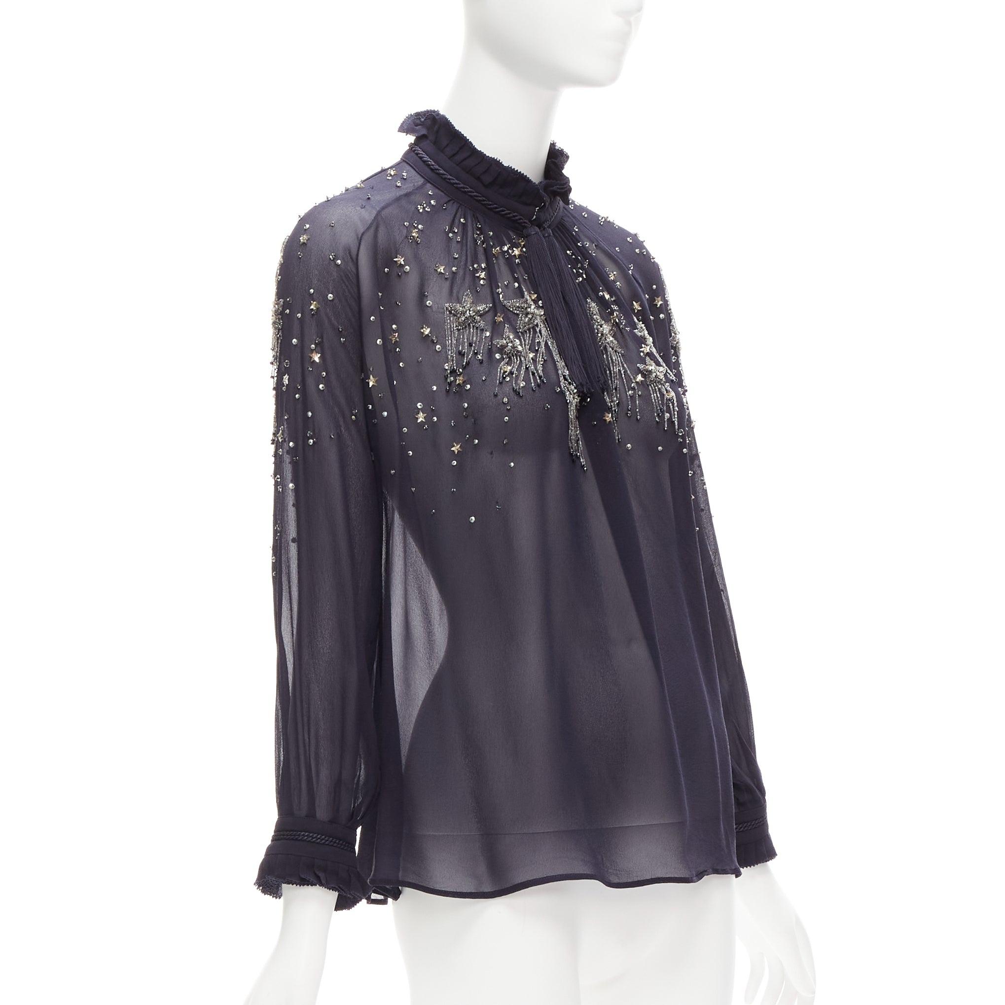 Black ROBERTO CAVALLI navy silky bead embellished ruffle collar sheer blouse For Sale