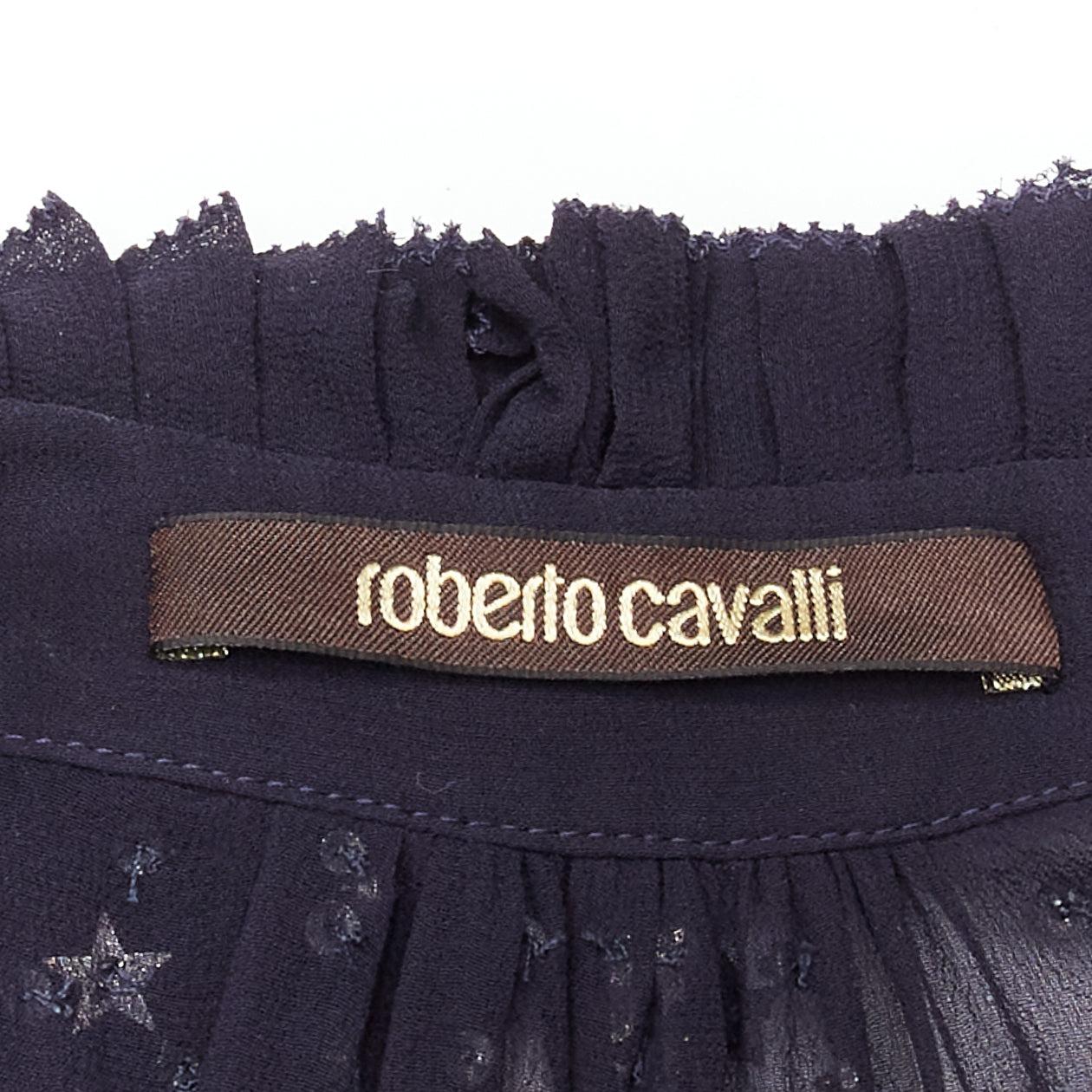 ROBERTO CAVALLI navy silky bead embellished ruffle collar sheer blouse For Sale 3