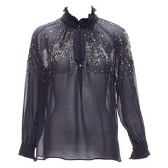 ROBERTO CAVALLI navy silky bead embellished ruffle collar sheer blouse
