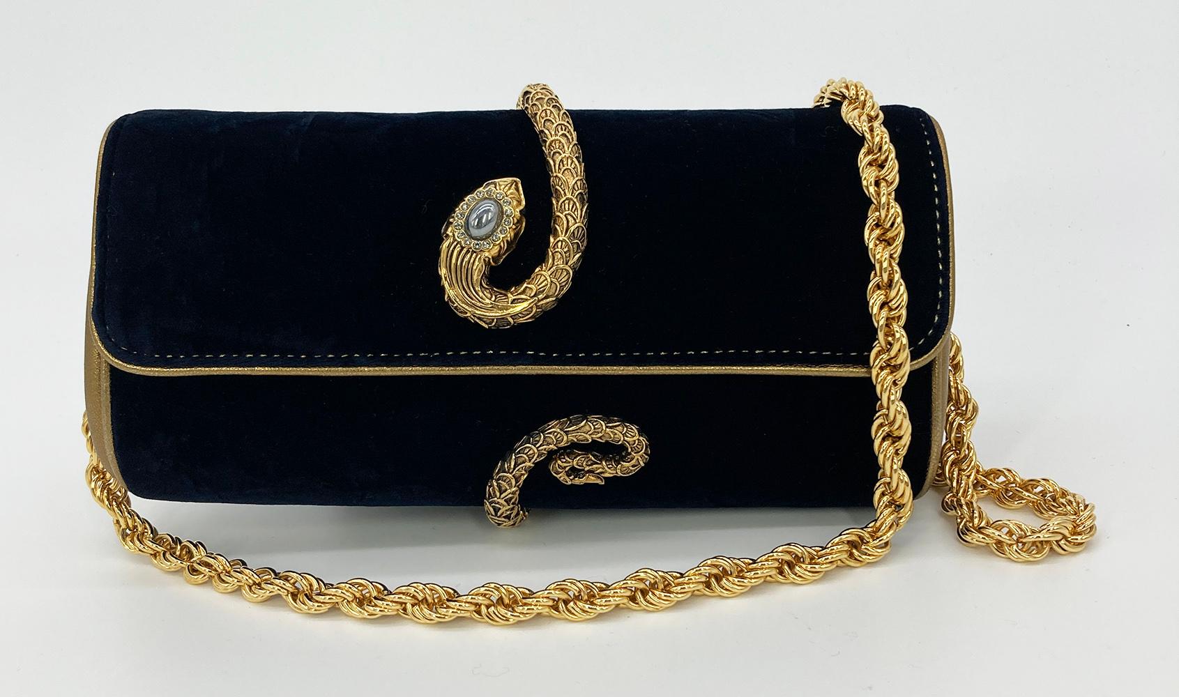 Roberto Cavalli Navy Velvet Gold Serpent Clutch 7