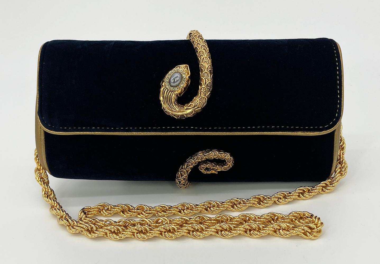 Roberto Cavalli Navy Velvet Gold Serpent Clutch 8