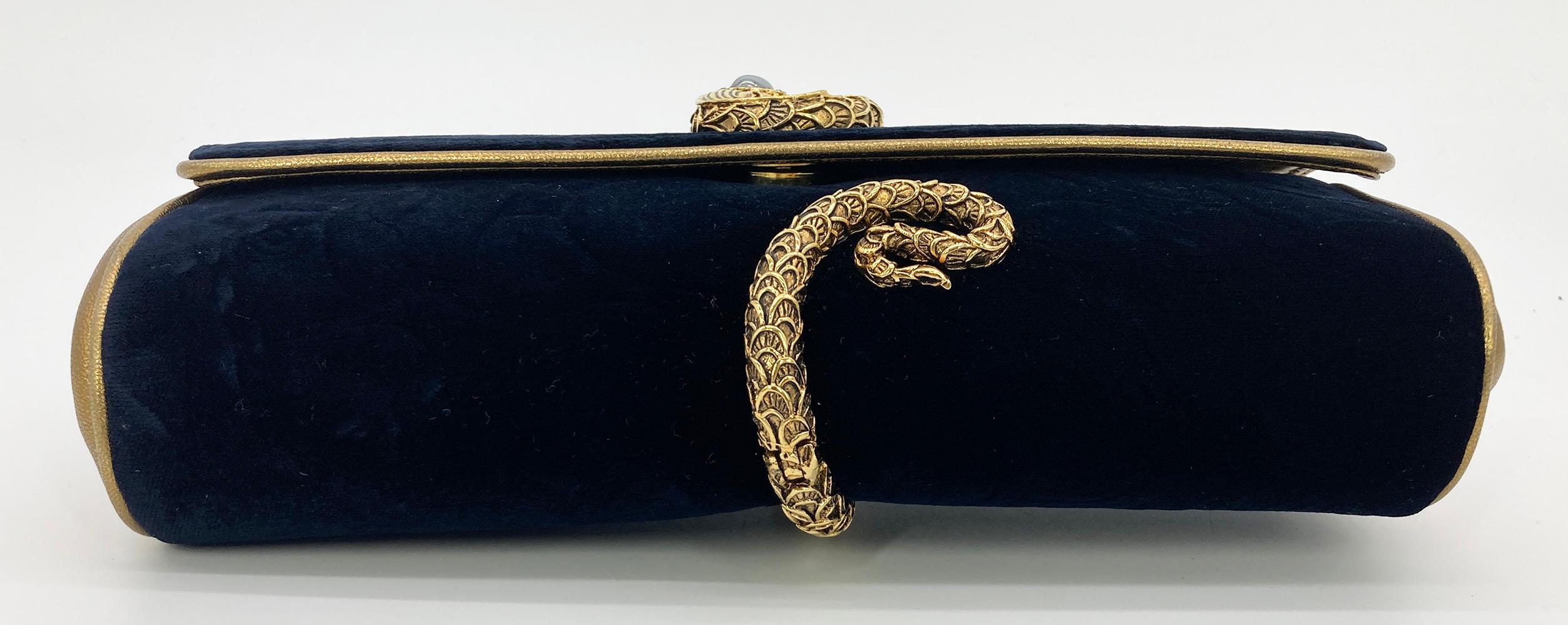 Roberto Cavalli Navy Velvet Gold Serpent Clutch In Excellent Condition In Philadelphia, PA