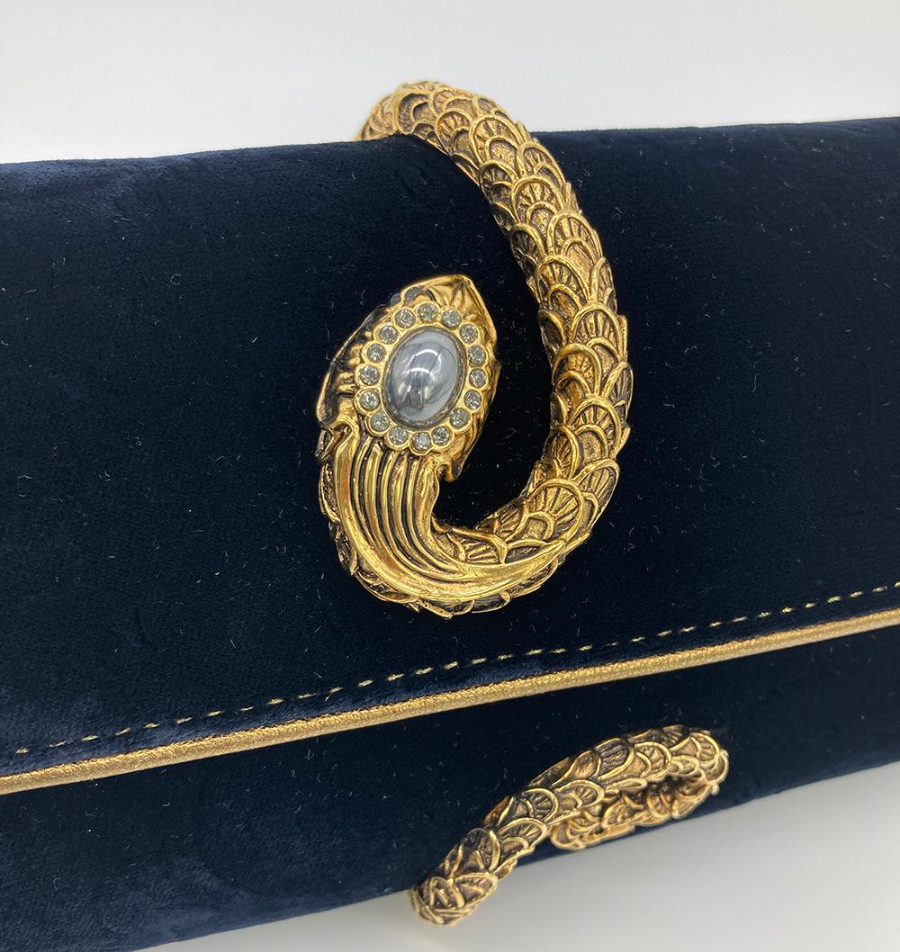 Roberto Cavalli Navy Velvet Gold Serpent Clutch 1