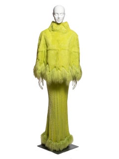 Roberto Cavalli Neon Green Velvet & Fur Evening Dress & Cape Ensemble FW 1999