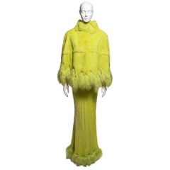 Roberto Cavalli Neon Green Velvet & Fur Evening Dress & Cape Ensemble FW 1999