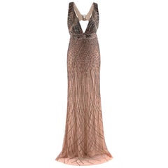 Roberto Cavalli Nude Gown with Gold Beading  US6