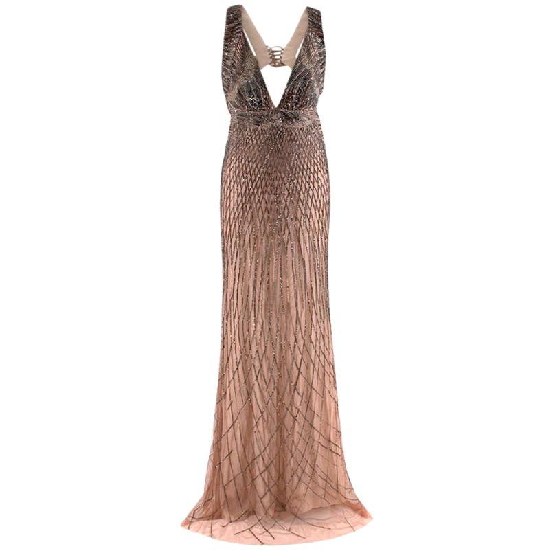 Roberto Cavalli Nude Gown with Gold Beading  US6