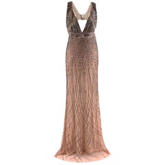 Roberto Cavalli Nude Gown with Gold Beading  US6