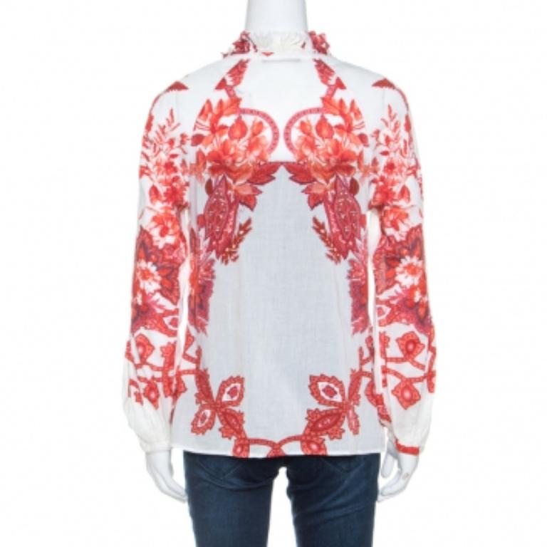 Chemise froncée imprimée florale blanc cassé Roberto Cavalli S en vente 2
