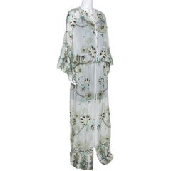 Roberto Cavalli Off White Floral Shimmer Print Silk Slit Detail Kaftan L