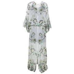 Roberto Cavalli Off White Floral Shimmer Print Silk Slit Detail Kaftan L