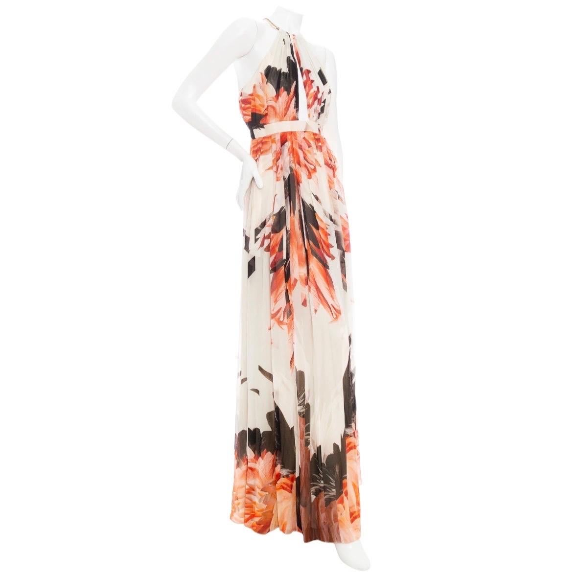 Roberto Cavalli Off White Silk Feather-Print Halter-Neck Maxi Dress In Excellent Condition For Sale In Los Angeles, CA
