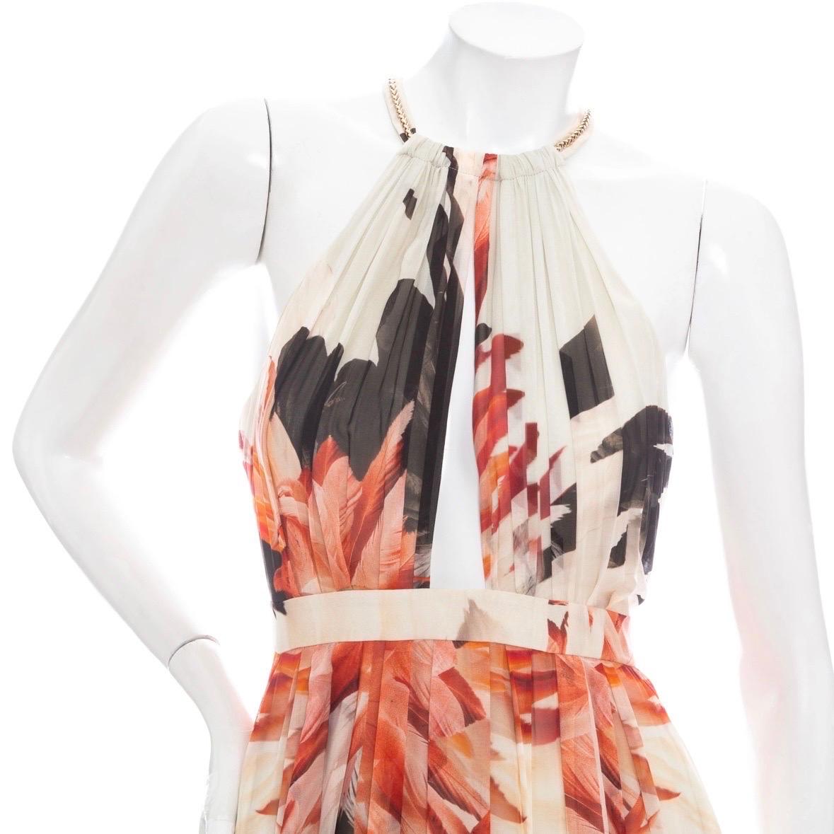 Roberto Cavalli Off White Silk Feather-Print Halter-Neck Maxi Dress For Sale 1