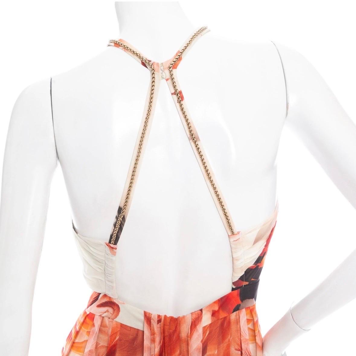 Roberto Cavalli Off White Silk Feather-Print Halter-Neck Maxi Dress For Sale 2