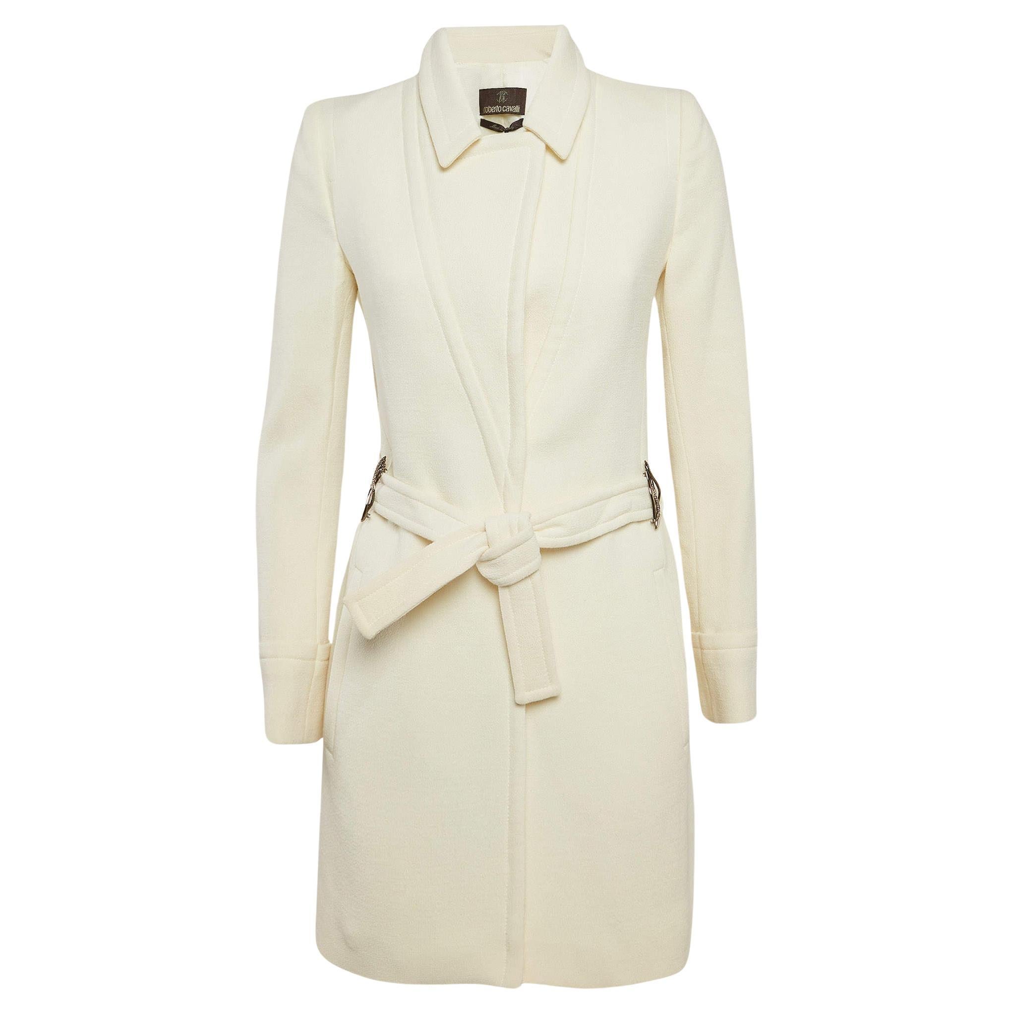 Roberto Cavalli Off White Wool Belted Mid-Length Coat S