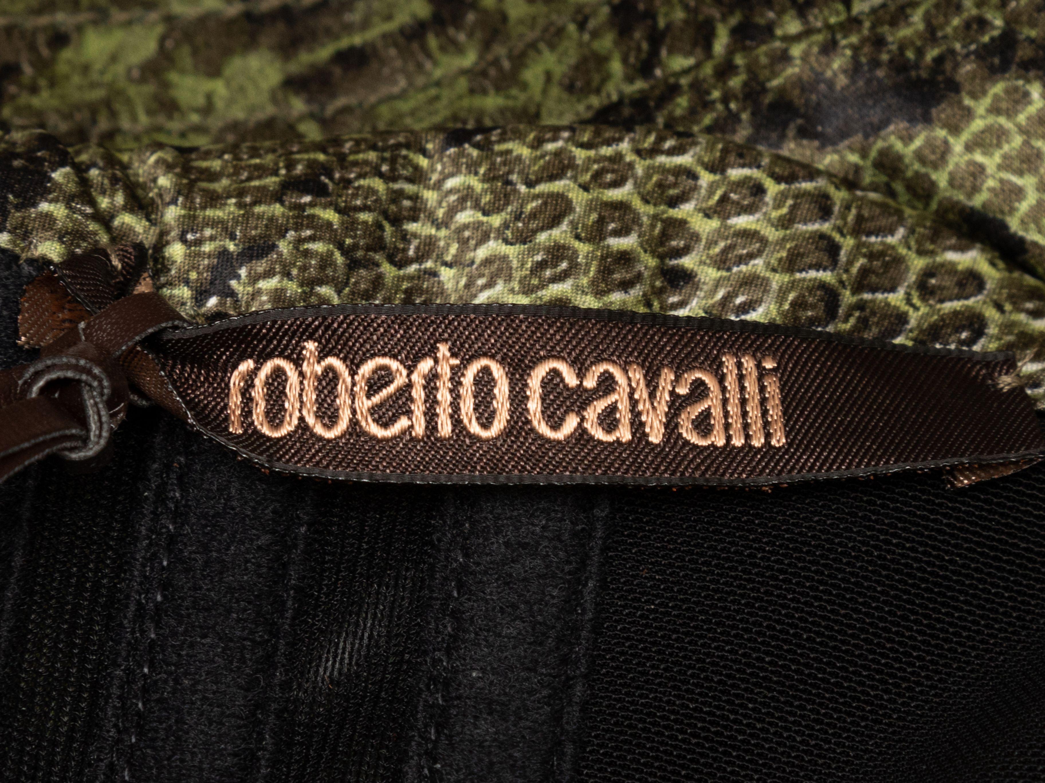 Product Details: Olive and black silk snakeskin print strapless mini dress by Roberto Cavalli. Sweetheart neckline. Zip closure at back. Designer size 38. 25