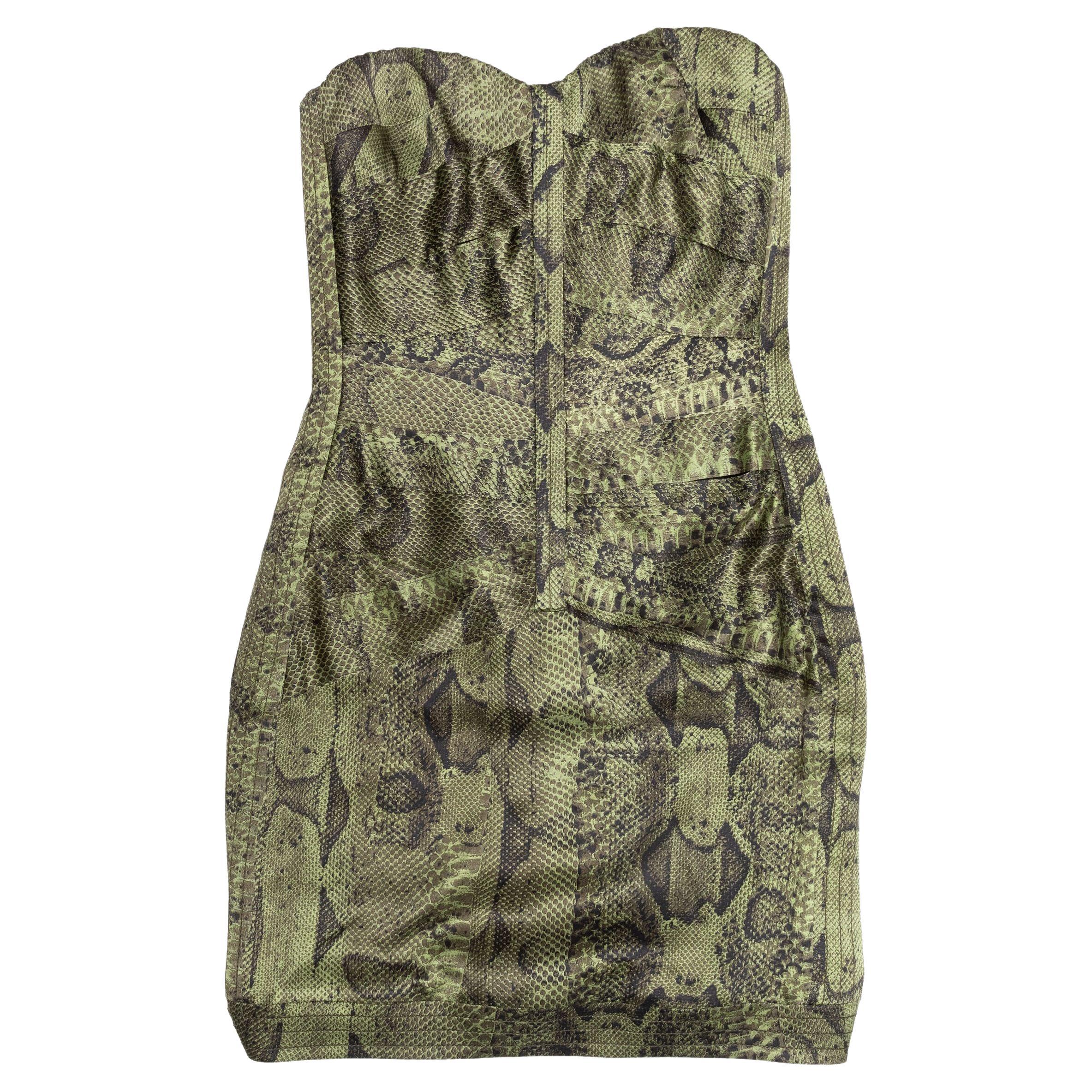 Roberto Cavalli Olive & Black Silk Snakeskin Print Strapless Dress