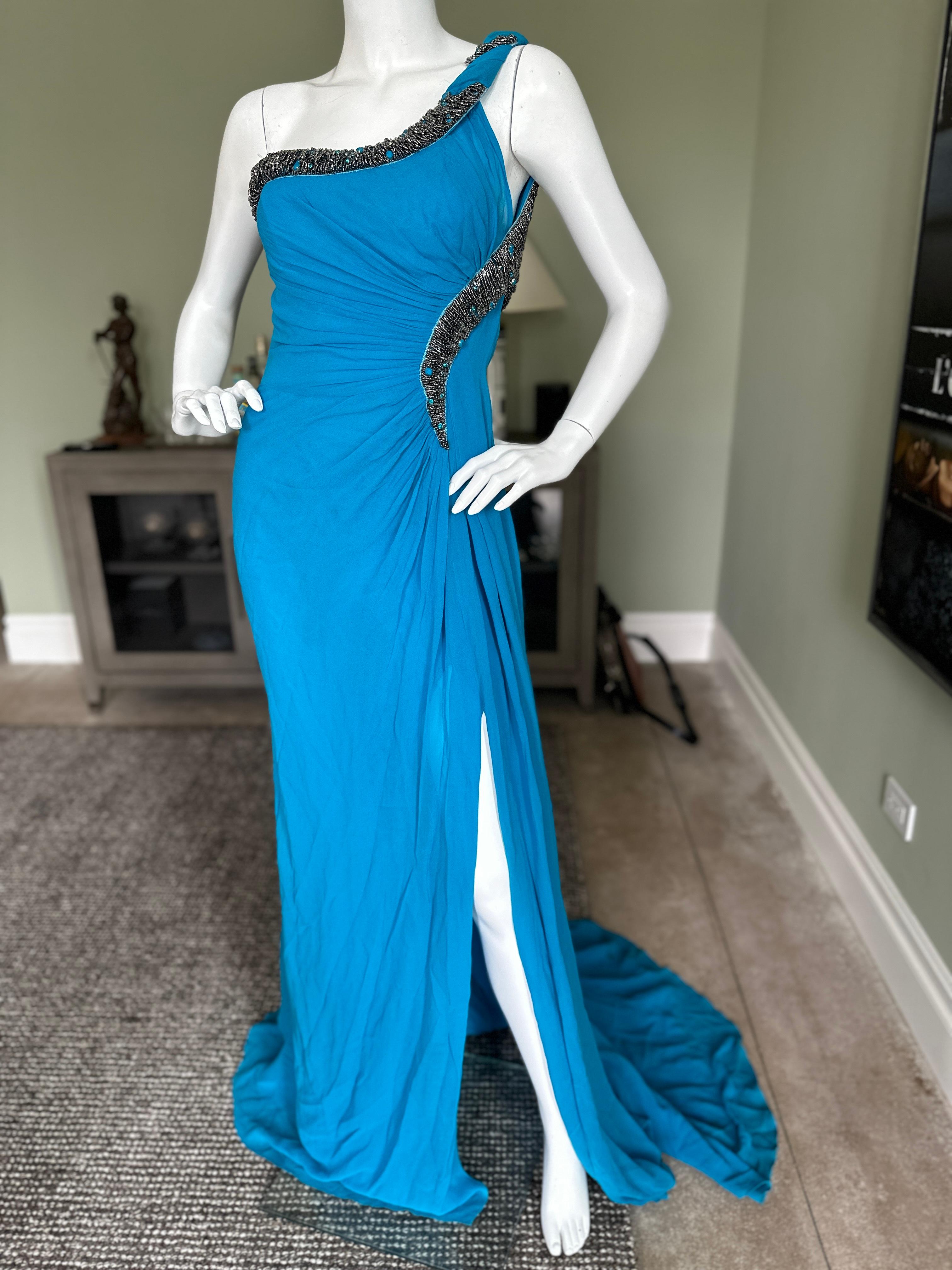 Roberto Cavalli Vintage Blue Beaded One Shoulder Goddess Dress with Train
Simply sensational, please use the zoom feature to see details
 Size 42
 Bust 36