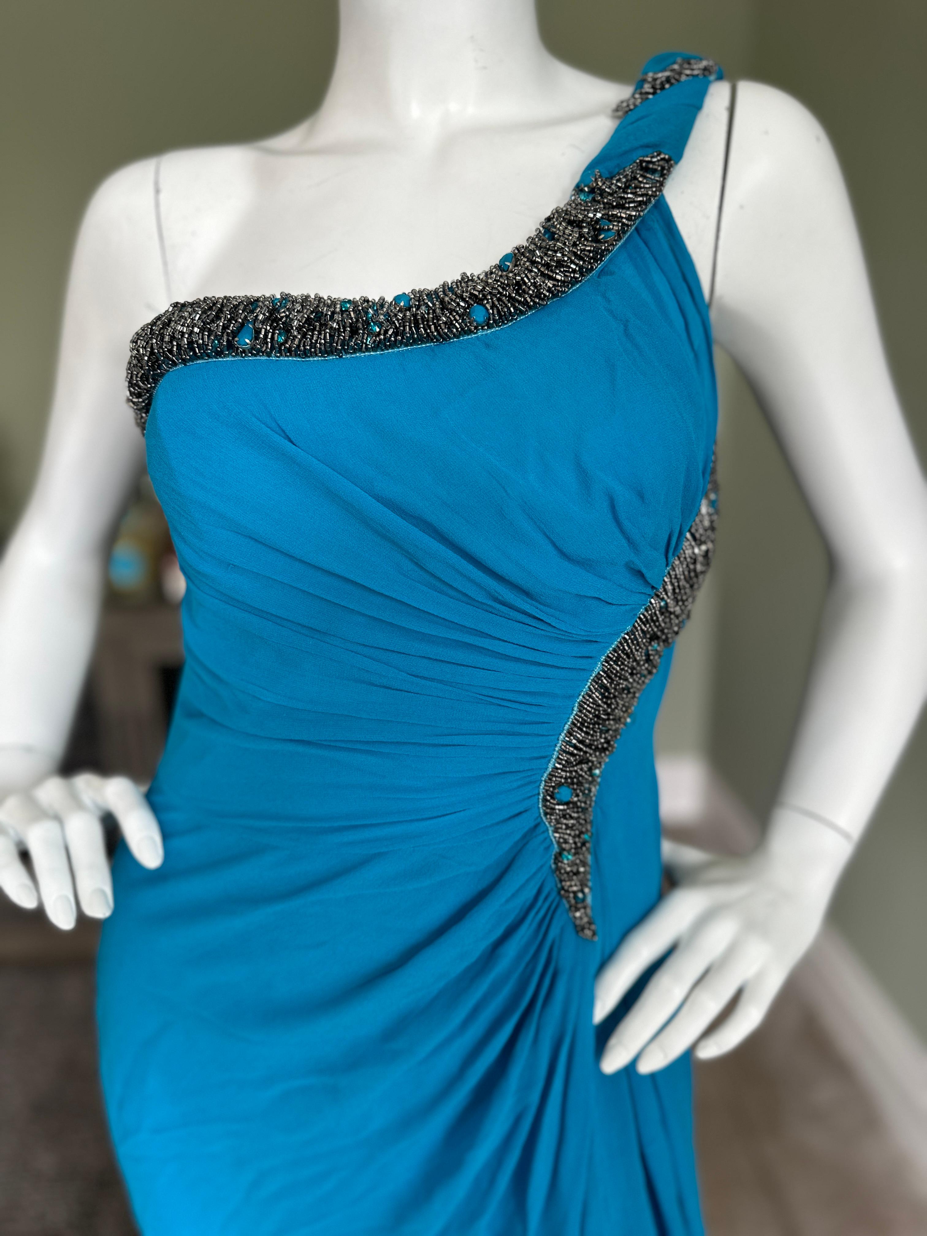Roberto Cavalli One Shoulder Beaded Blue Evening Dress with Train In Good Condition For Sale In Cloverdale, CA