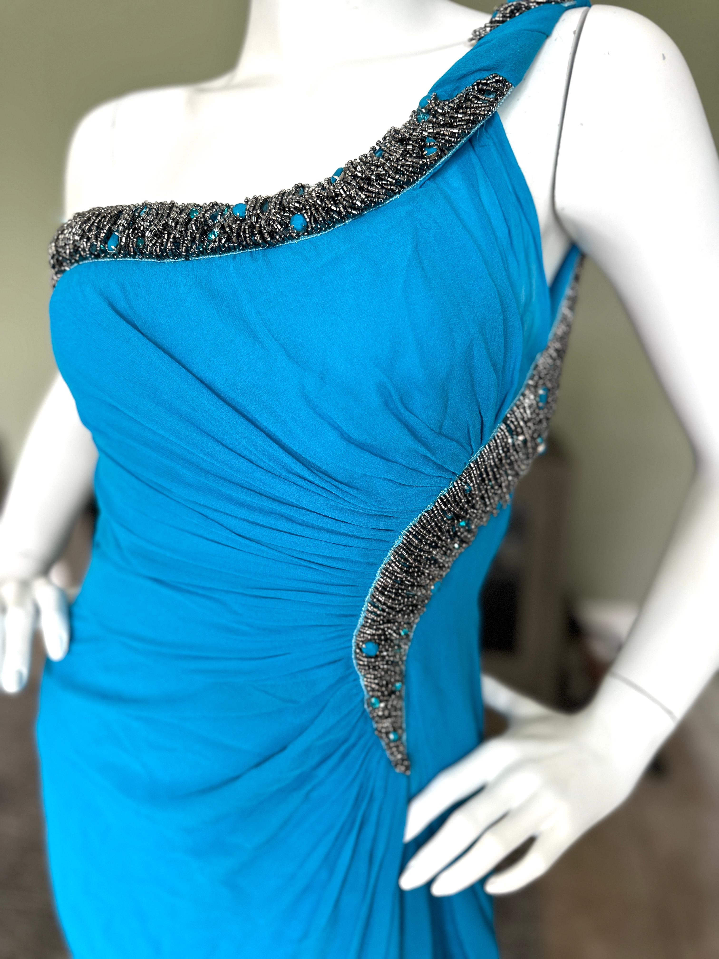 Roberto Cavalli One Shoulder Beaded Blue Evening Dress with Train For Sale 1