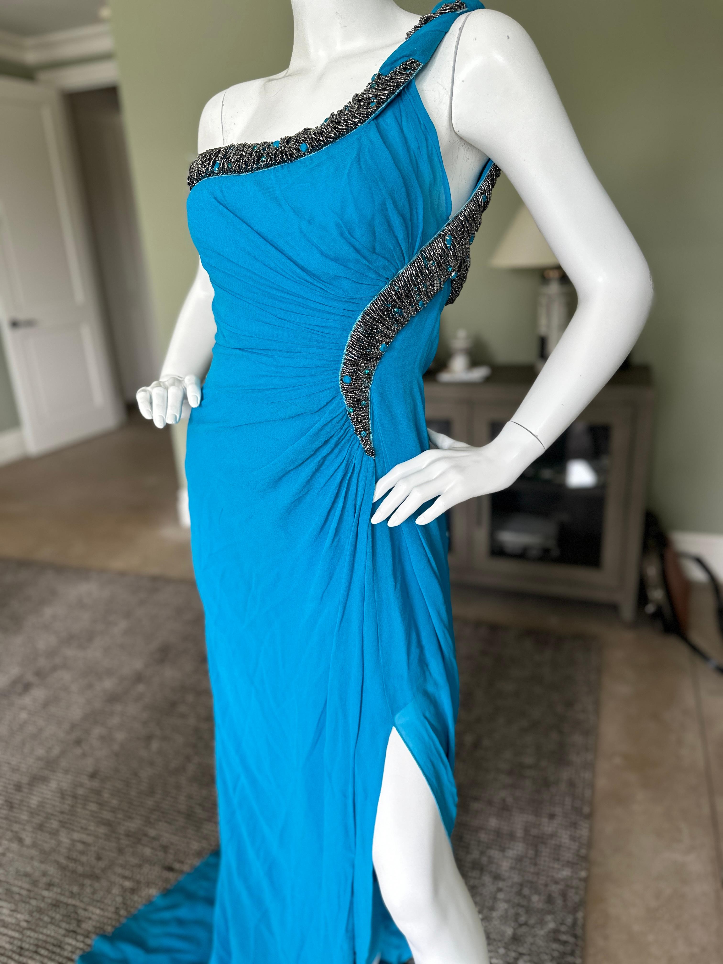 Roberto Cavalli One Shoulder Beaded Blue Evening Dress with Train For Sale 2