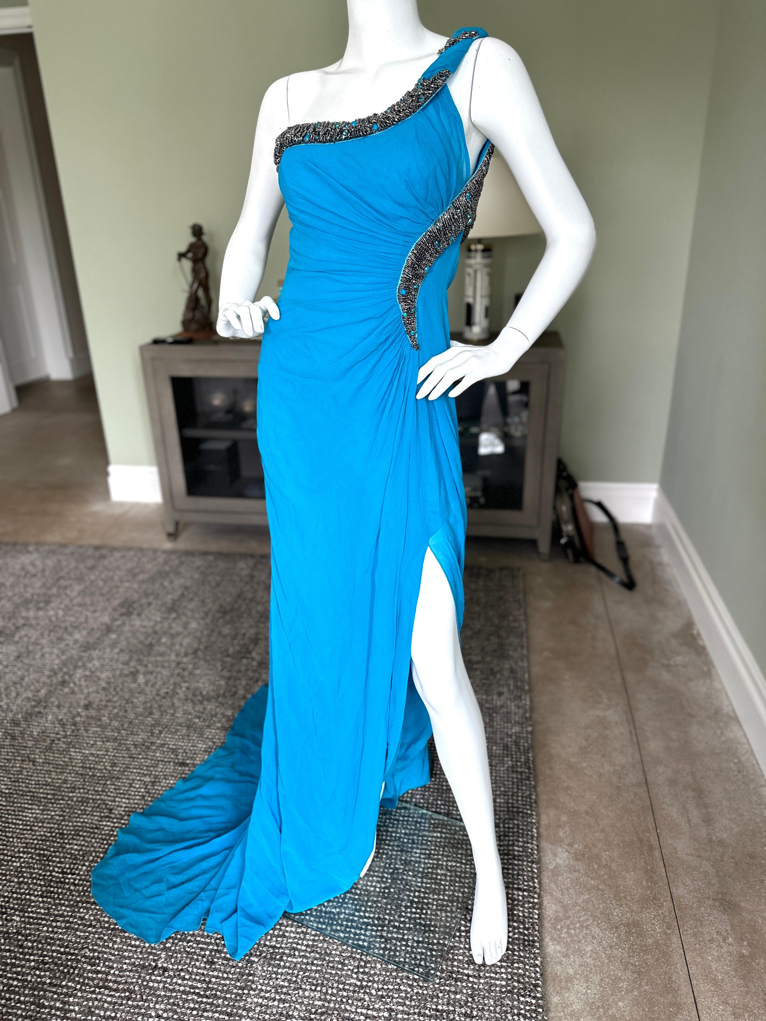 Roberto Cavalli One Shoulder Beaded Blue Evening Dress with Train For Sale 3