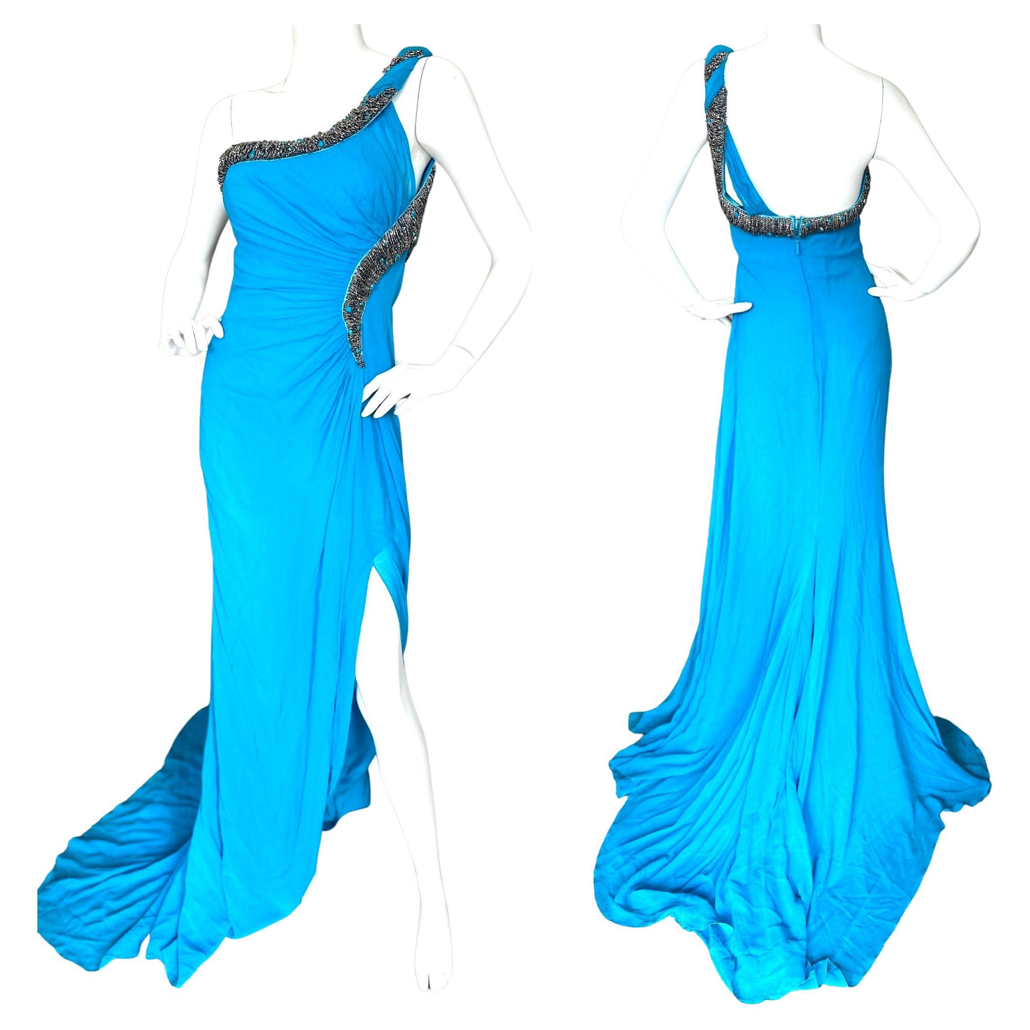Roberto Cavalli One Shoulder Beaded Blue Evening Dress with Train For Sale