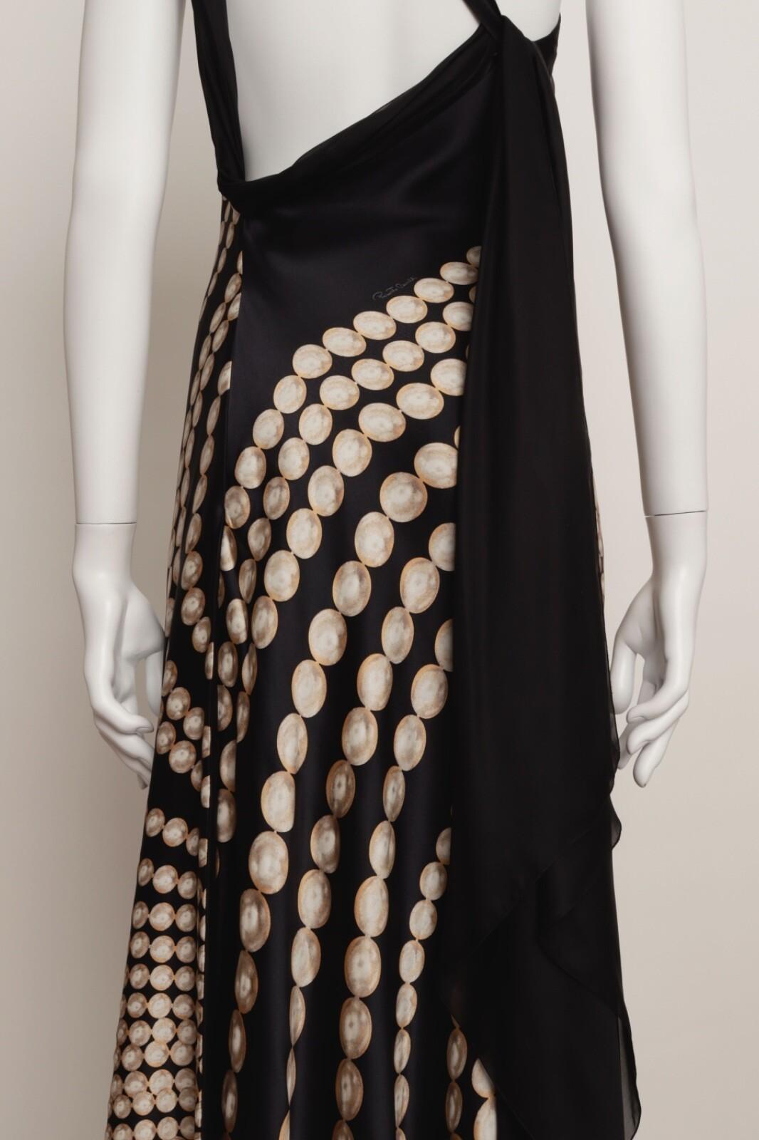 Roberto Cavalli - Robe longue asymétrique en soie noire crème or en vente 6