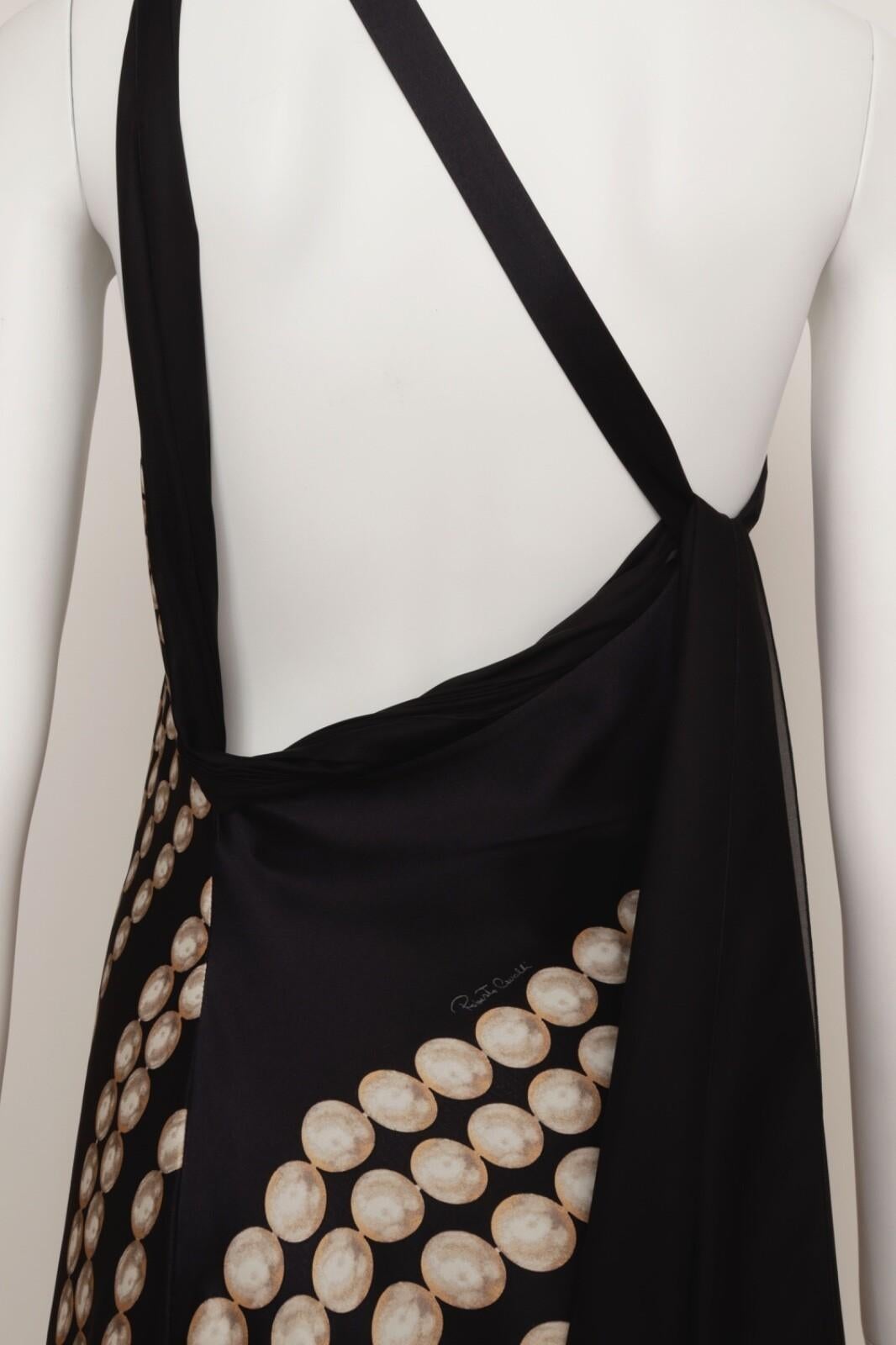 Roberto Cavalli - Robe longue asymétrique en soie noire crème or en vente 7